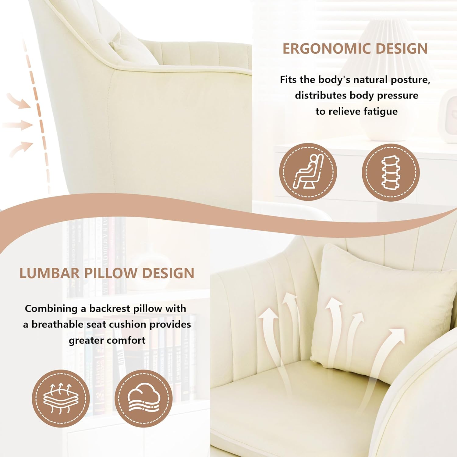Ergonomischer Bürostuhl, um 360° drehbar, höhenverstellbar, Samtstuhl mit Kissen, Heimbürostuhl bis zu 250 PFD-Last, Schminktischstuhl für Arbeitszimmer, Schlafzimmer, Wohnzimmer, Beige – Bild 4