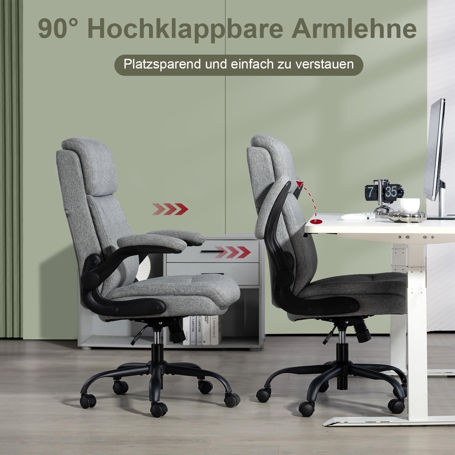 CASTLOVE Ergonomischer Bürostuhl, Schreibtischstuhl mit Rückenlehne, hochklappbare Armlehne, hohe Rückenlehne, höhenverstellbar, Wippfunktion (Bürostuhl, Stoff, grau, max. 150 kg) – Bild 5