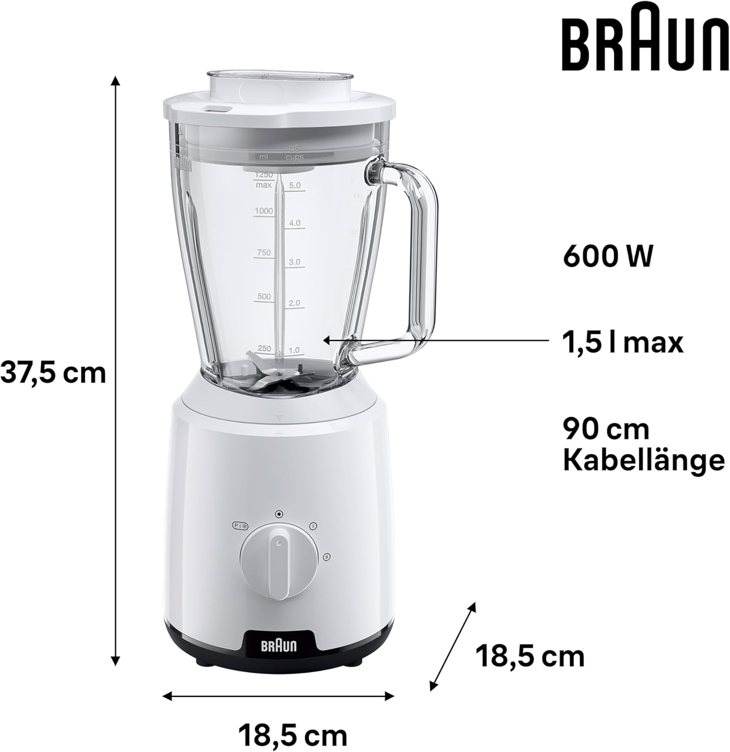 Braun PowerBlender 1 Stabmixer mit dreieckigem Glaskrug, 2 Geschwindigkeiten, Eis-Crush-Funktion, JB1050WH, 600 W, Weiß – Bild 3