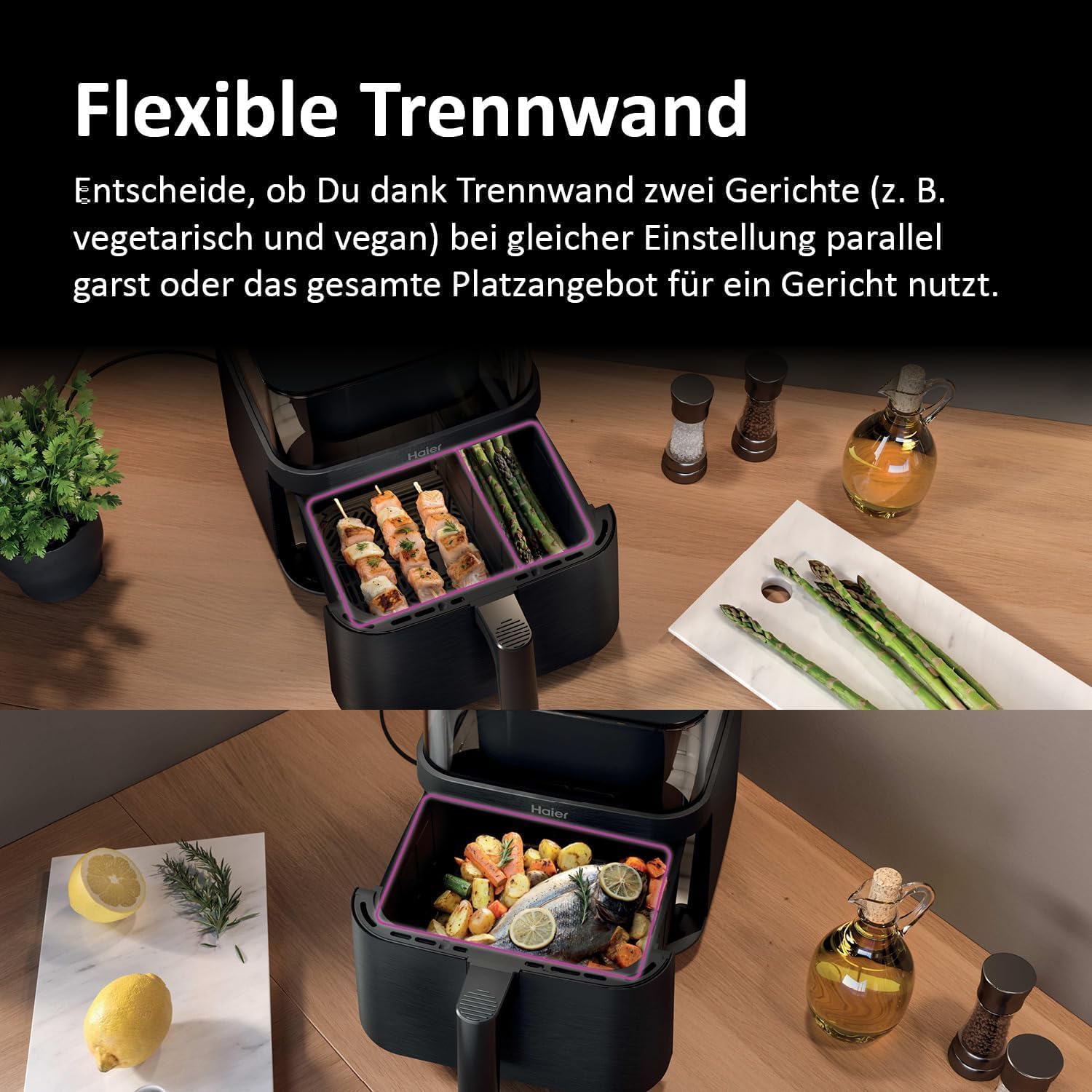 Haier Heißluftfritteuse 7 L mit 360°-Glassichtfenster für 6 Portionen I 8 Funktionen: Frittieren, Grillen, Braten, Backen, Dörren, Auftauen I Spülmaschinenfest – Bild 2