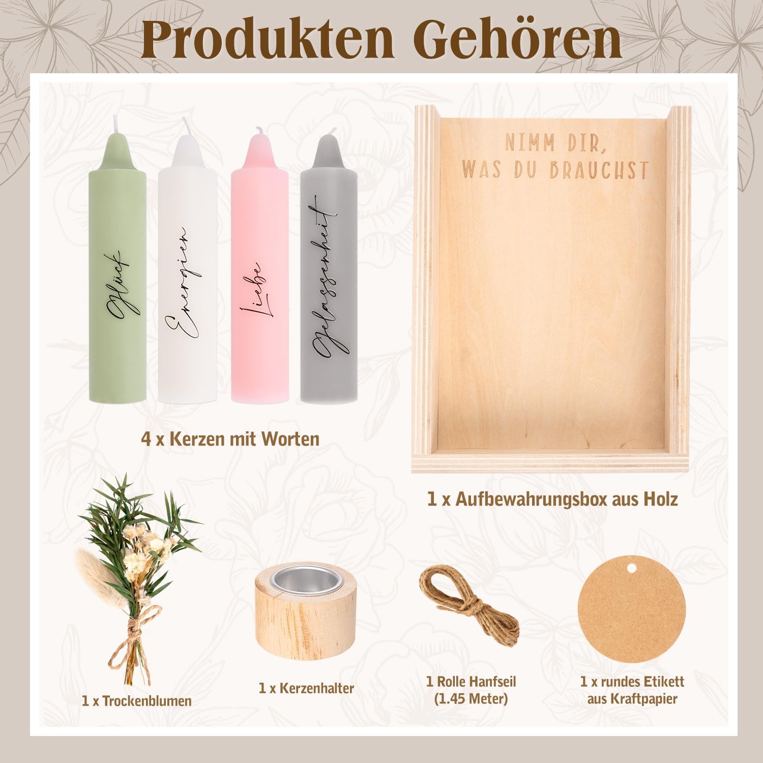 Nimm dir was du brauchst Kerzen, Geschenke für Freundin zum Geburtstag, perfektes Kerzen-Geschenkset mit Kerzenhalter, Trockenblumen, Holzkiste, Holzverpackung, Geschenkidee für Schwester und Freundin – Bild 2