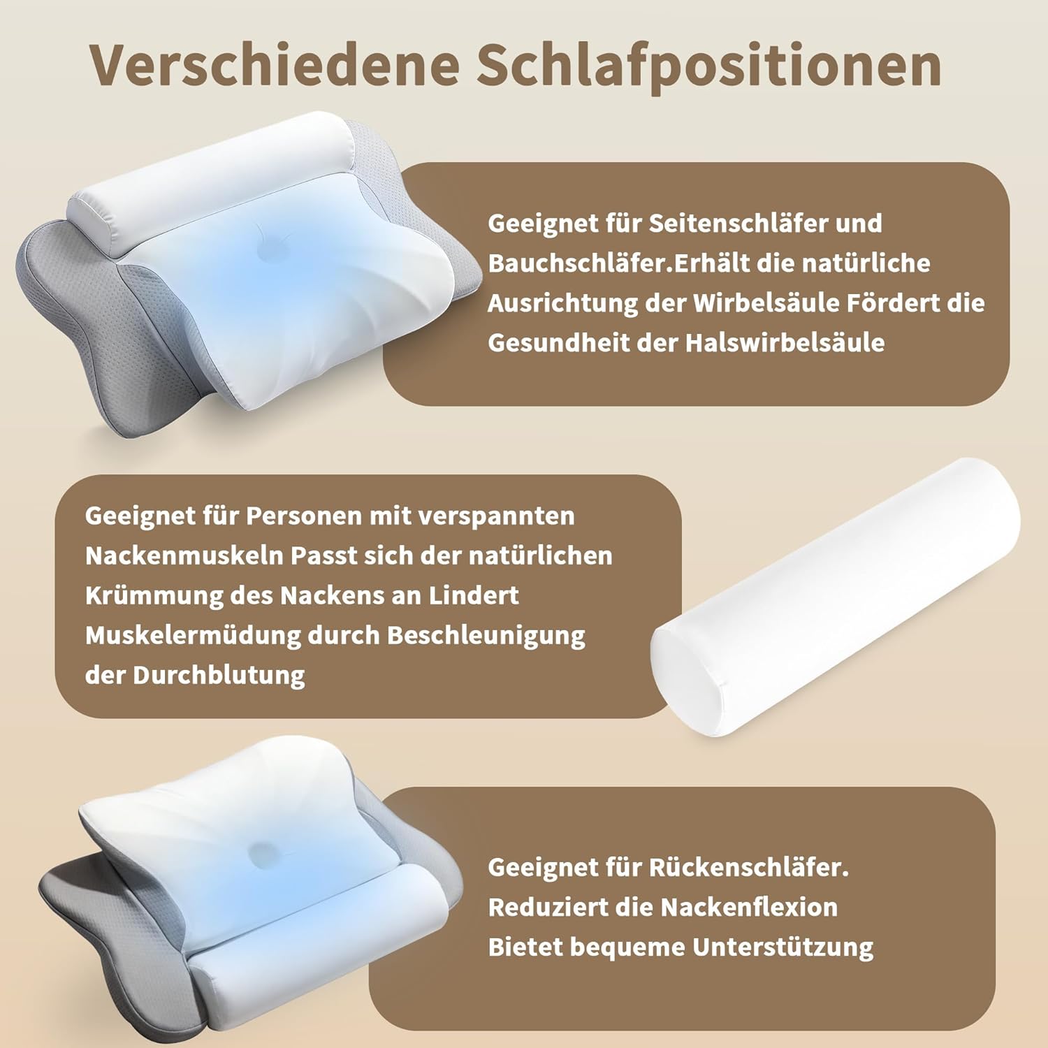 LAMB Orthopädisches Memory-Schaum-Kissen, ergonomisches Seitenschläferkissen, zwei in einem Nackenstützkissen und Nackenrolle, Kissen gegen Nackenschmerzen, Schlafkissen für Seiten, grau – Bild 2