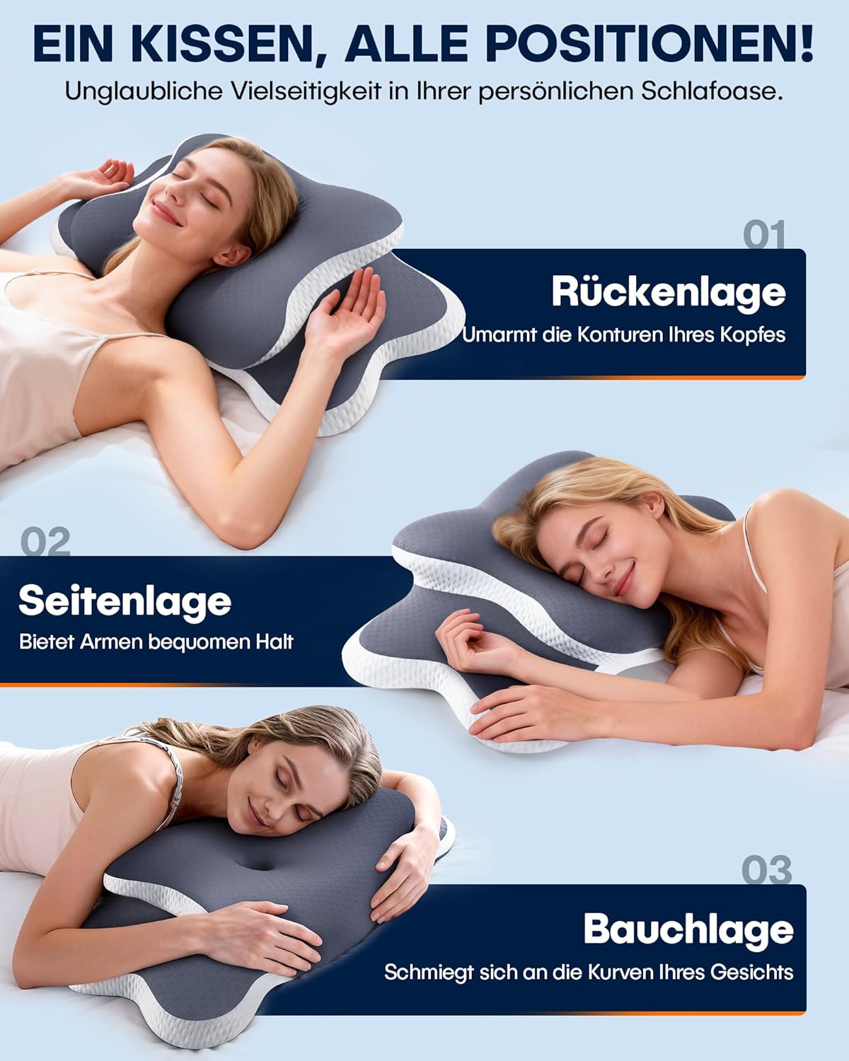 XSIVOD Orthopädisches Nackenkissen – Ergonomisches Memory-Schaum-Kissen mit kühlender Wirkung, Nackenstützkissen gegen Schmerzen, Anti-Schnarch-Kissen für Seiten-, Rücken- und Bauchschläfer, Grau – Bild 8