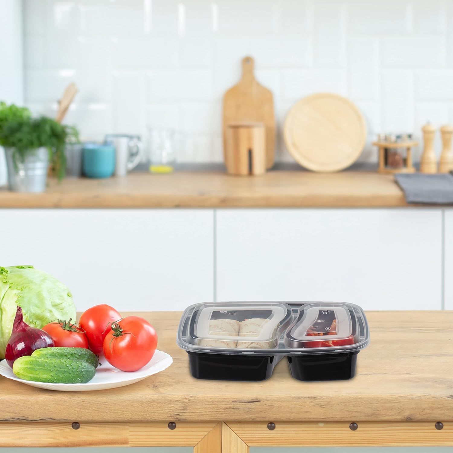Relaxdays Meal-Prep-Boxen, 10er-Set, 2 Fächer, mikrowellengeeignet, 800 ml, Lebensmittelbox aus Kunststoff mit Deckel, schwarz, 10028692 – Bild 2