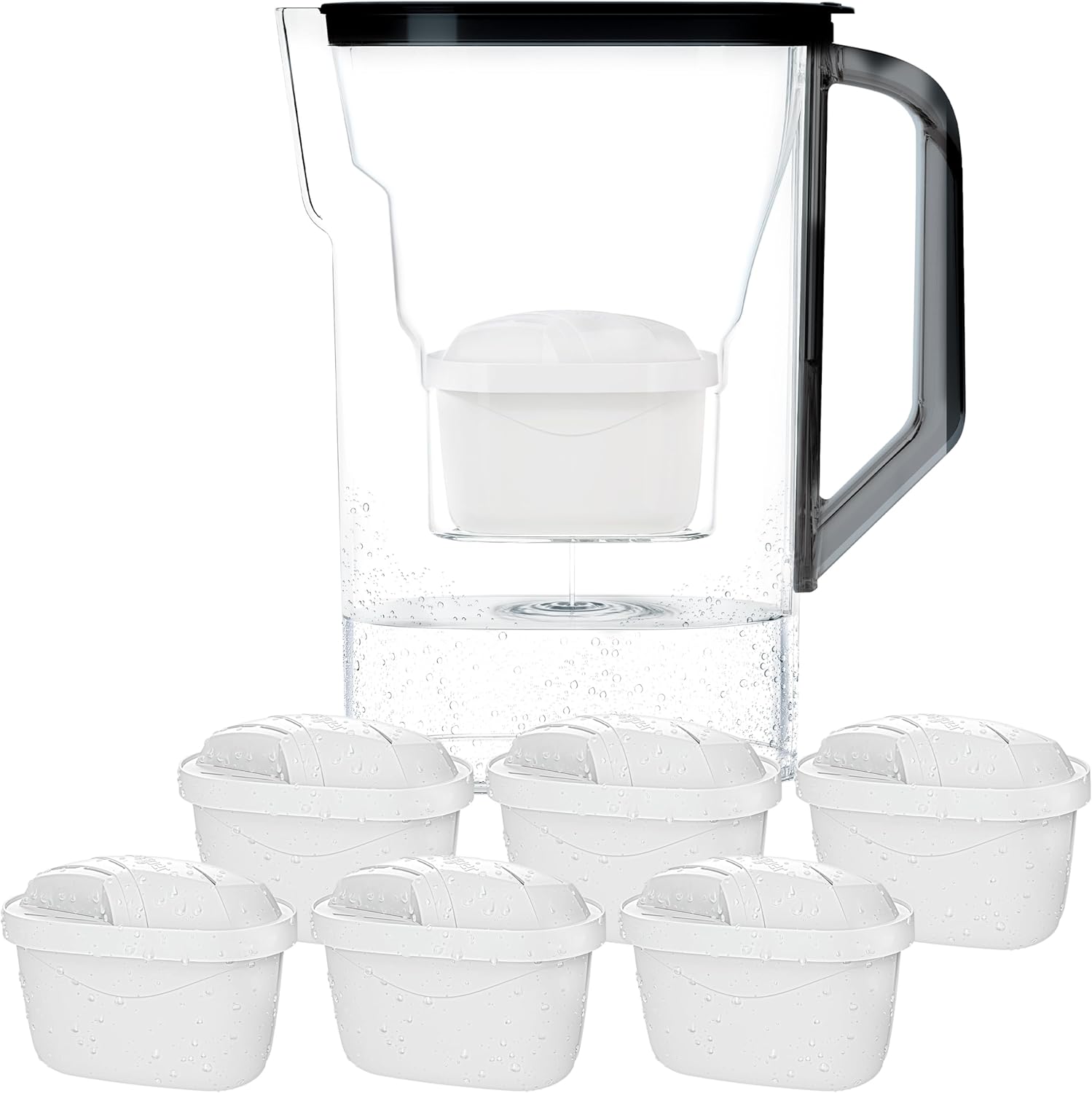 Wessper Wasserfilterkanne mit Filter, Kühlschranktürkanne 2,7 Liter, Filterkartuschen mit Aktivkohle und Ionenaustauschharz, Set Kanne und 6 Wasserfilter, Schwarz