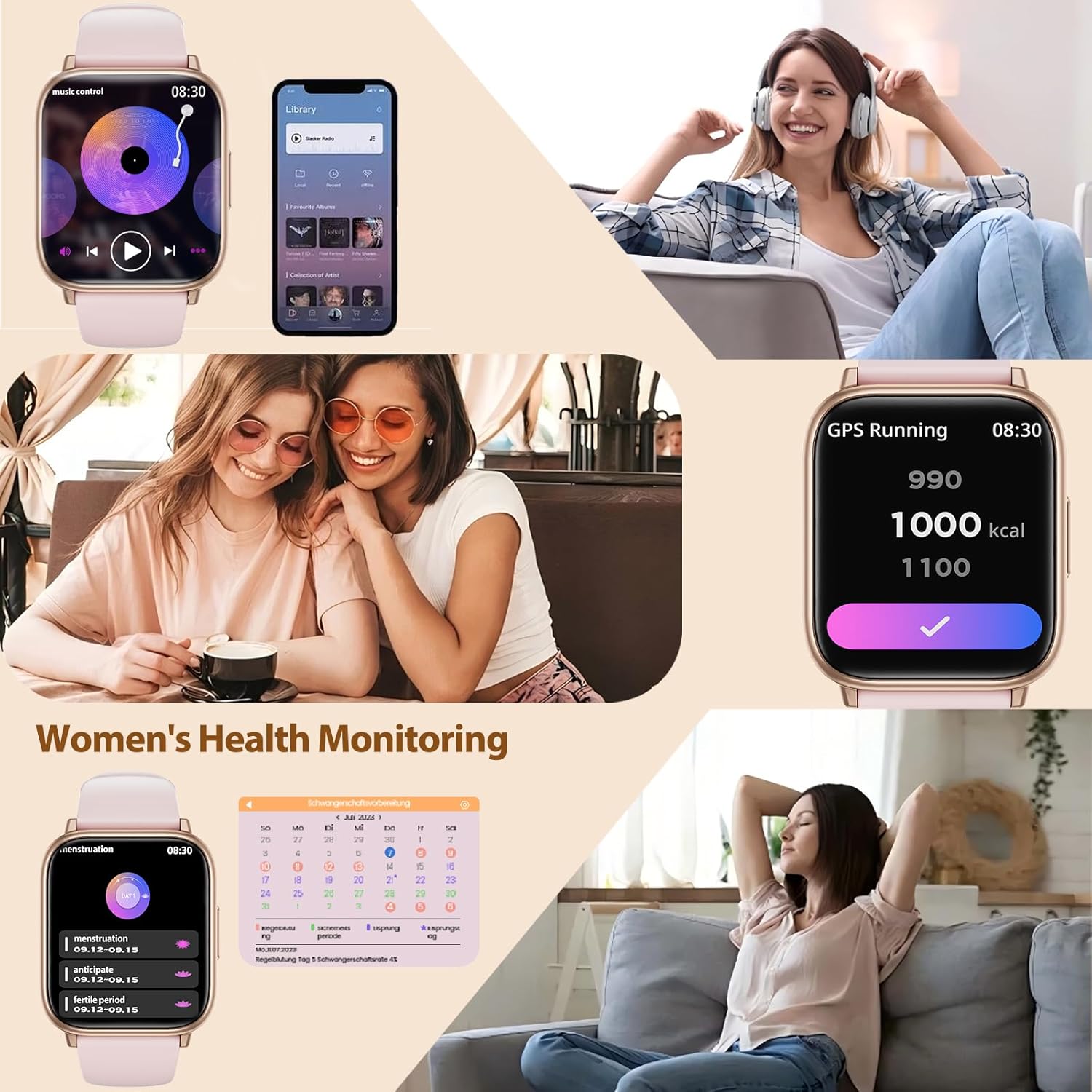 SLOKSFil Damen-Smartwatch mit Telefonfunktion, 3 Armbänder, 1,83 Zoll HD-Fitness-Tracker mit 24-Stunden-Herzfrequenzüberwachung, SpO2-Schlafüberwachung, 120+ Sportmodi, IP68, Schrittzähler, Smartwatch für iOS – Bild 4