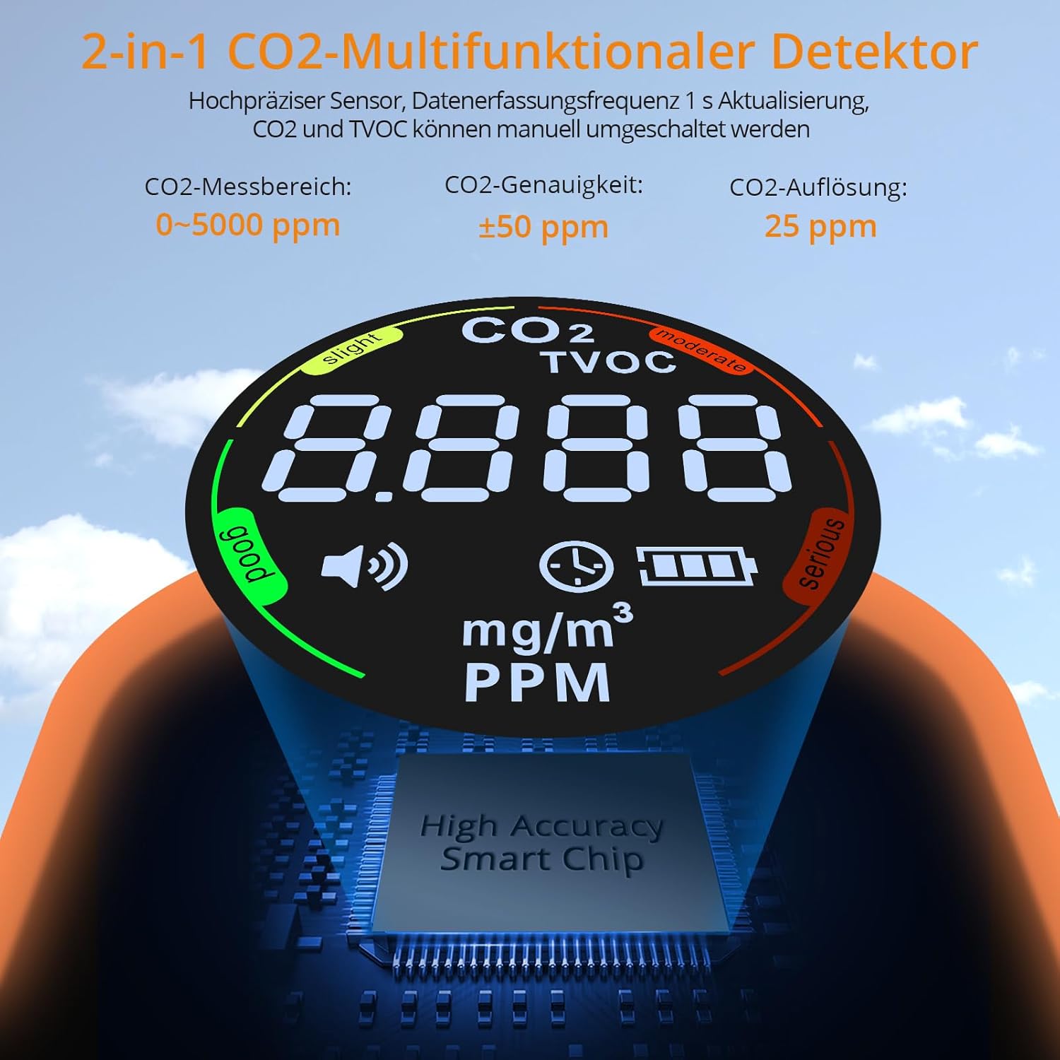 Neoteck Tragbarer CO2-Detektor, Mini-Kohlendioxidsensor mit akustischem und optischem Alarm, wiederaufladbarer 2-in-1-CO2-Monitor 0–5000 PPM für Camping, Abenteuer, Zuhause, Hotel – Bild 2