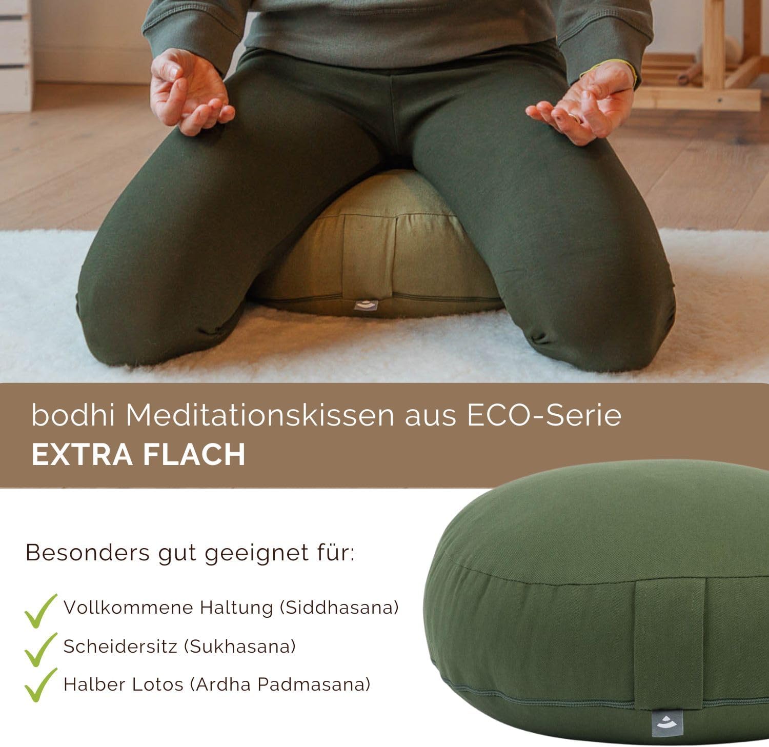 Bodhi Meditationskissen Rondo ECO extra flach | Bodenkissen mit Bio Dinkelfüllung | Bezug aus 100 % Baumwolle | Yogakissen mit 15,5 cm Sitzhöhe | Waschbarer Bezug mit Trageschlaufe | Waldgrün – Bild 3