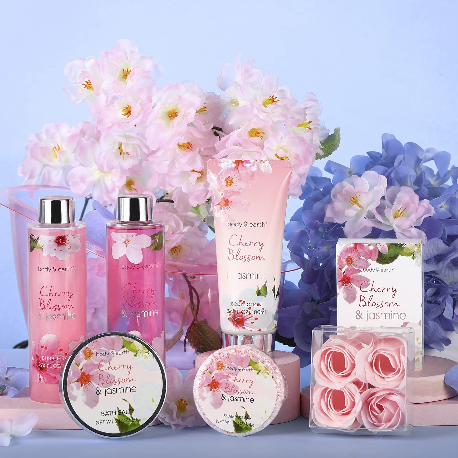 Body & Earth 8-teiliges Spa-Geschenkset für Frauen, Kirschblüten- und Jasminduft, Schaumbad, Duschgel, Badesalz, Körperlotion, Geburtstagsgeschenk, Geschenk für Frauen, Mama, Freundin, Weihnachten – Bild 2