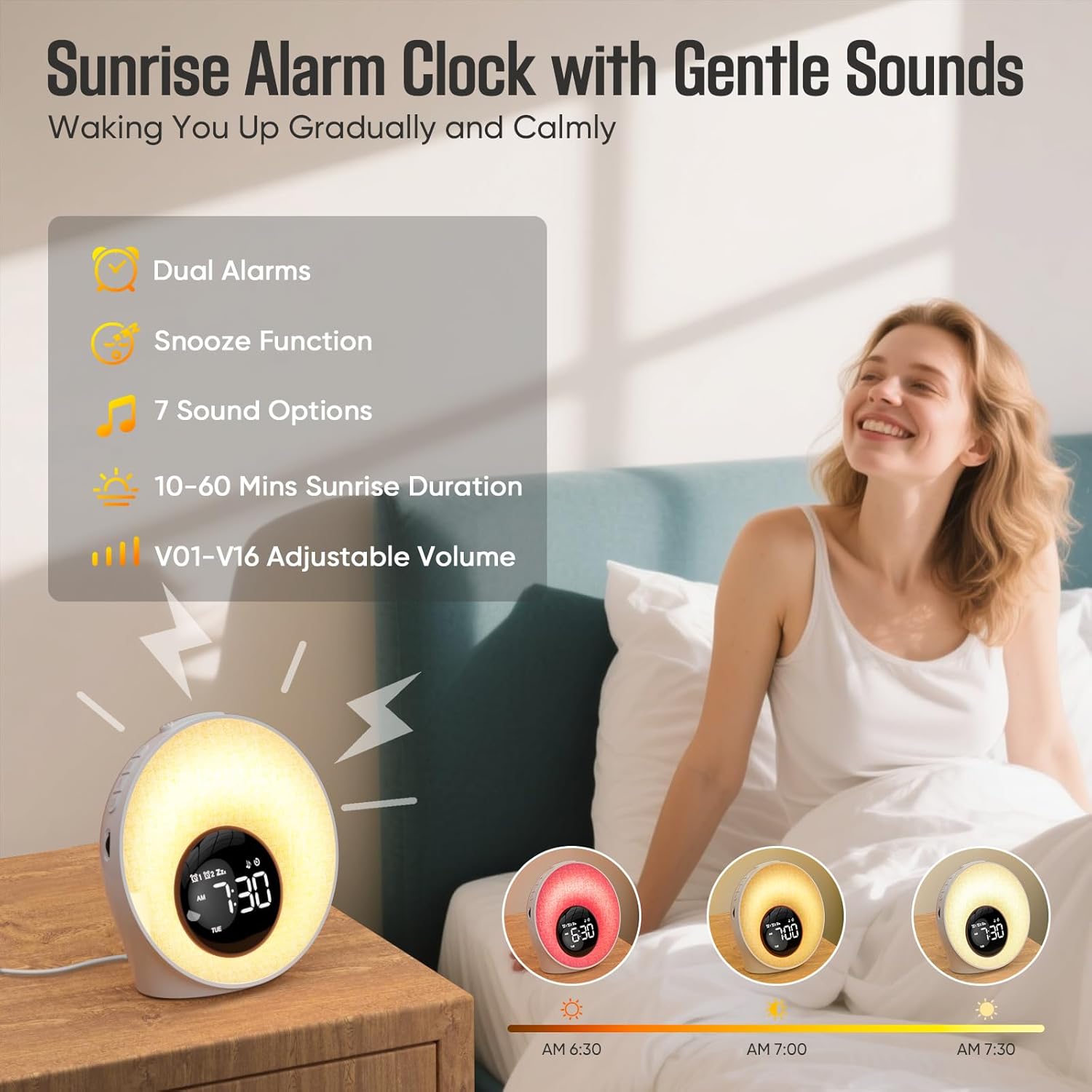 Tageslichtwecker, Lichtwecker Sonnenaufgang Wecker mit Licht, Wecker Digital mit 2 Alarme und Snooze, White Noise Machine mit 30 Schlafgeräuschen, Nachttischlampe mit 20 Helligkeit, 8 Farblicht, Timer – Bild 3