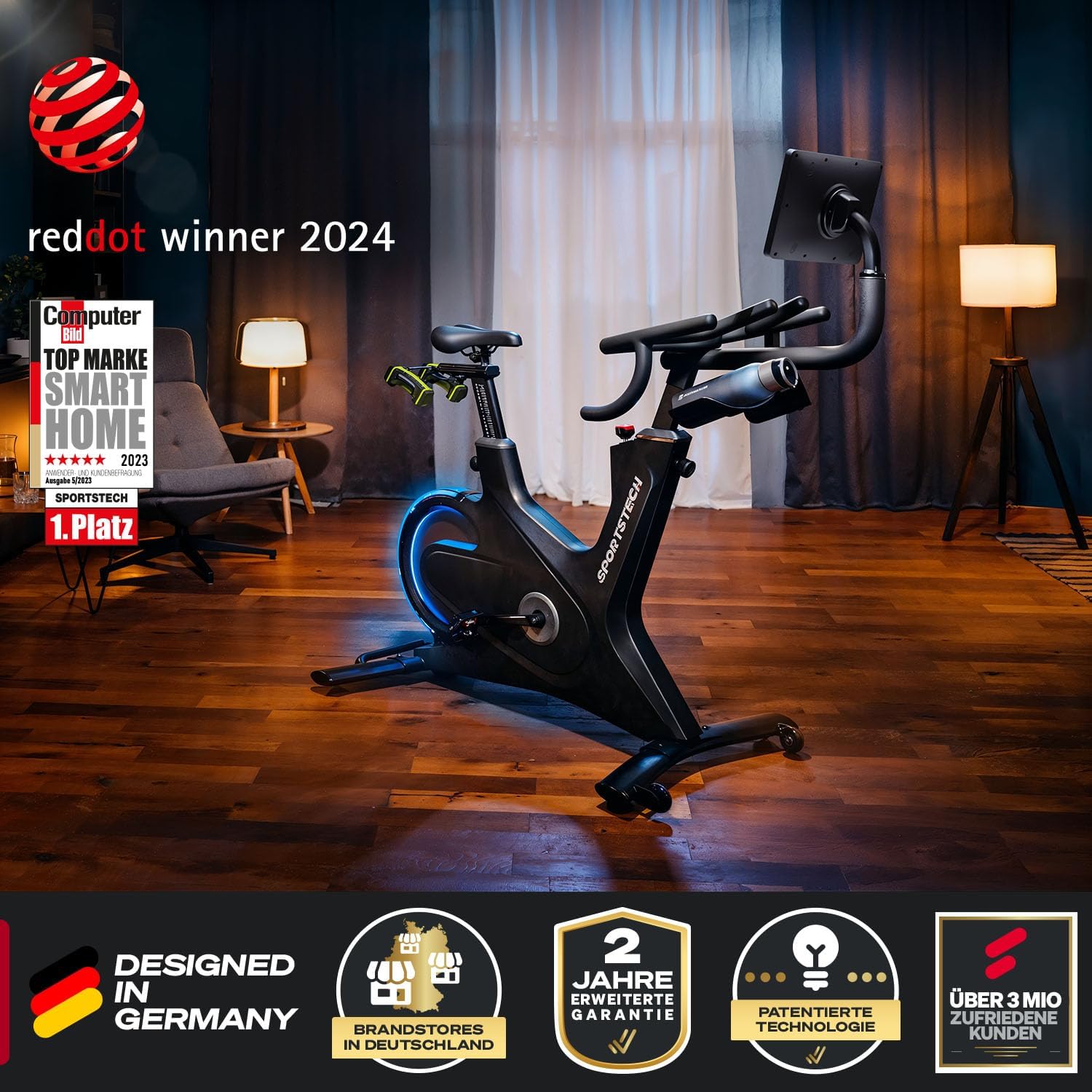 Sportstech Heimtrainer + 10,1" Touch Display - Deutsche Qualitätsmarke - APP mit Live Workouts & Kursen Fitnessbike mit patentierter LED Technologie, Ergometer, sBike – Bild 5