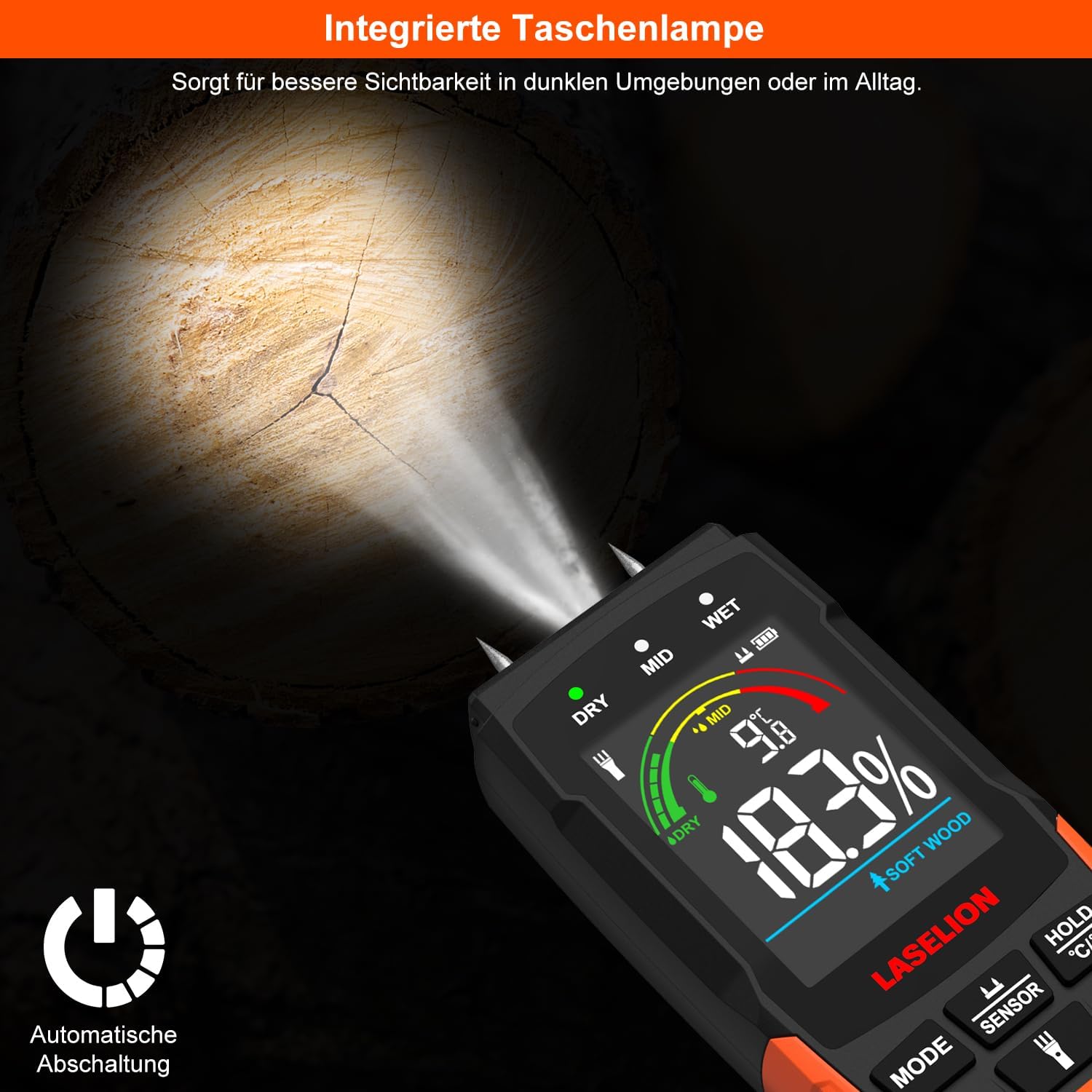 2-in-1-Feuchtemessgerät mit Stift- und Pinnless-Modus – für Holz, Beton, Trockenbau, Pappe und mehr – LCD-Display, Haltefunktion, Taschenlampe, automatische Abschaltung MS03 – Bild 7