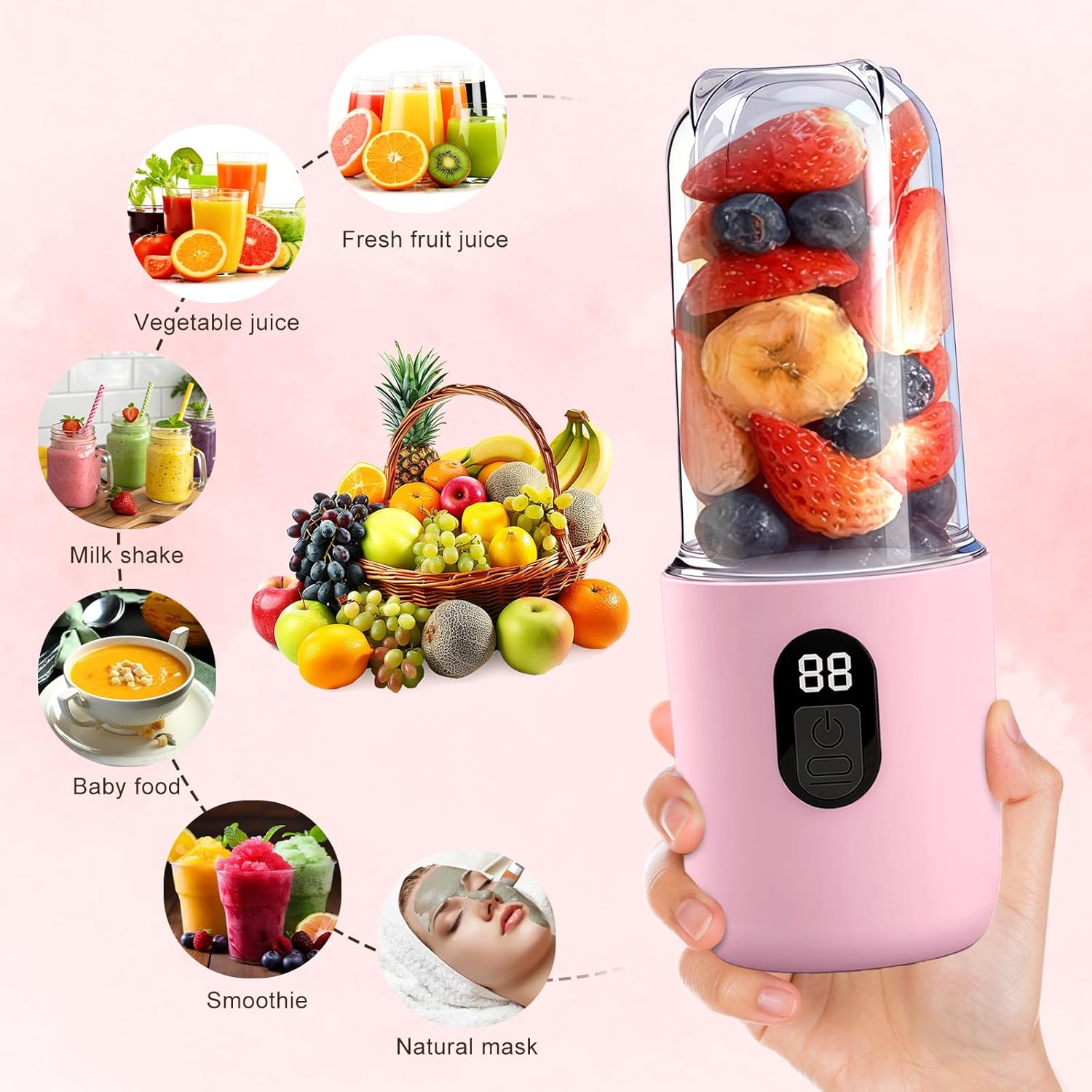 500 ml tragbarer Mixer, Smoothie Maker to Go mit Digitalanzeige, 16 Blatt elektrischer USB-Entsafter, Mini-Mixer für Shakes und Smoothies, für Küche, Reisen, Fitnessstudio, Pink – Bild 4