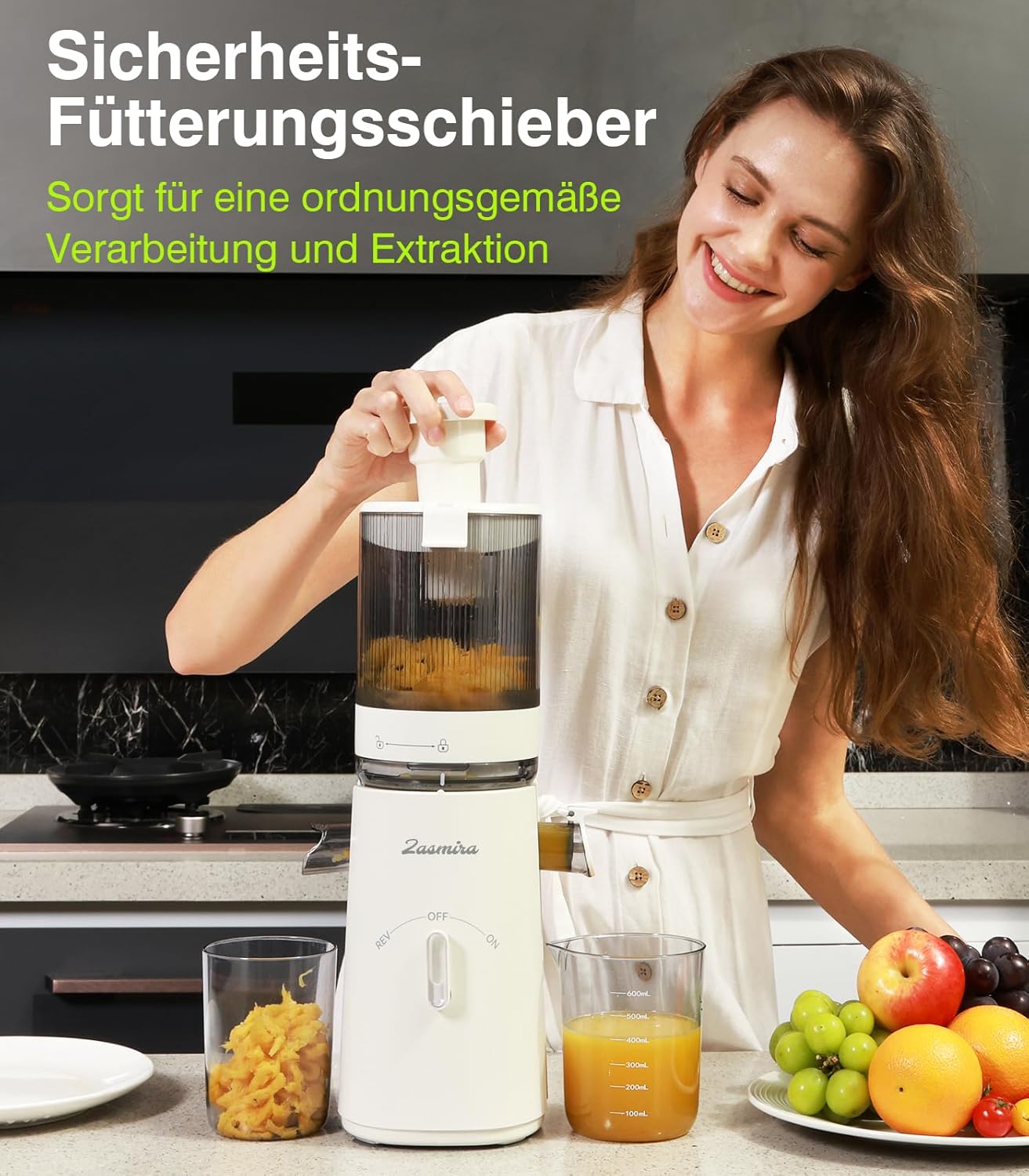 Slow Juicer, Zasmira Entsafter für Gemüse und Obst mit 120 mm breitem Einfüllschacht, hohe Saftausbeute für ganze Gemüse und Früchte, leicht zu reinigen, weiß – Bild 5