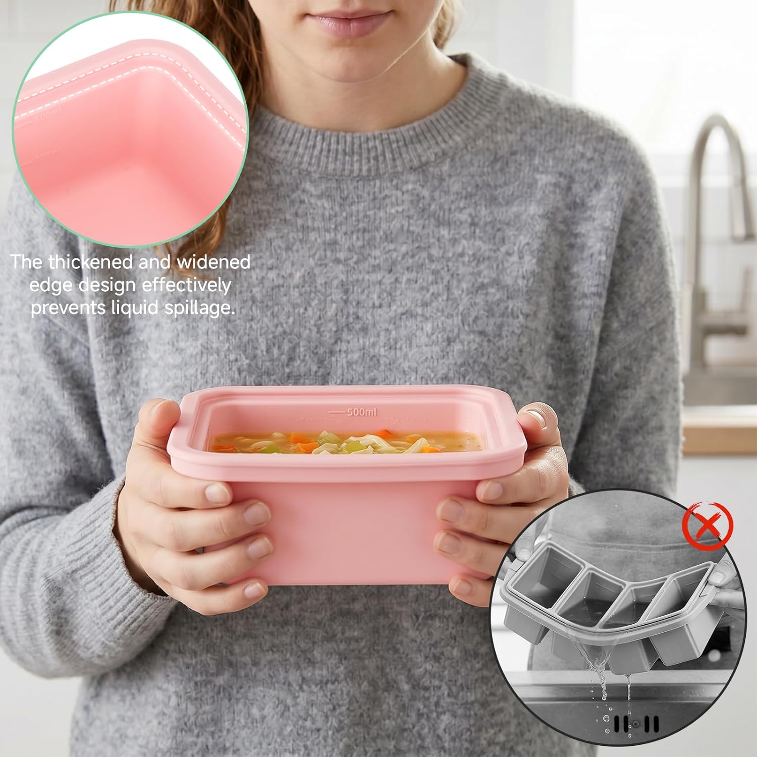 4 Stück extra große Silikon-Gefriertabletts, 2 Tassen Suppen-Gefrierschrank-Eiswürfelschalen mit Deckel, BPA-freie Lebensmittel, Suppen-Gefrierbehälter, stapelbar für Brühe, Soße, Eis, Essenszubereitung (500 ml) – Bild 6