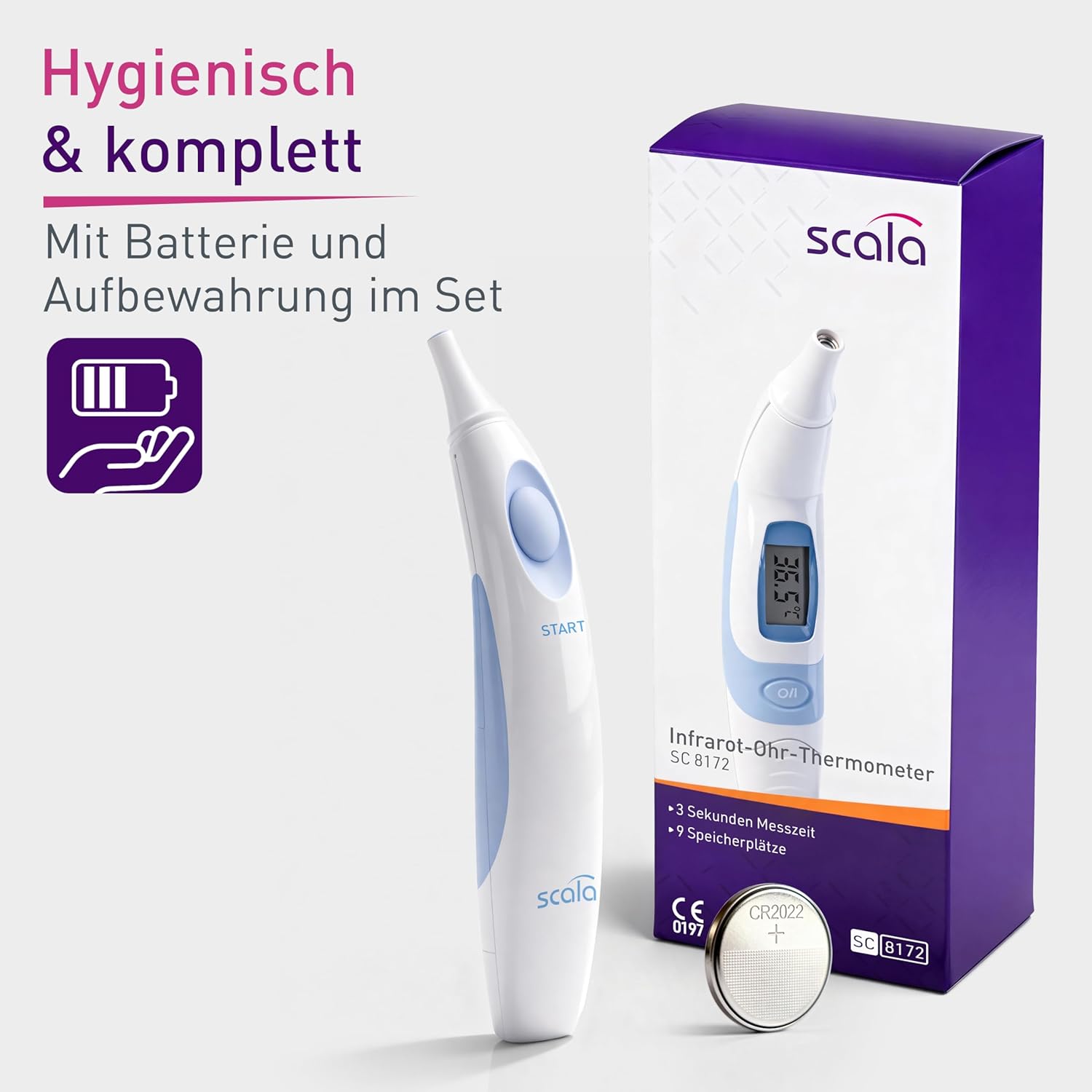 scala SC 8172 Infrarot-Ohrthermometer – Digitales Fieberthermometer für Kinder & Erwachsene – 3 Sekunden Messzeit, akustischer Fieberalarm & Speicher für 9 Messwerte – Bild 7