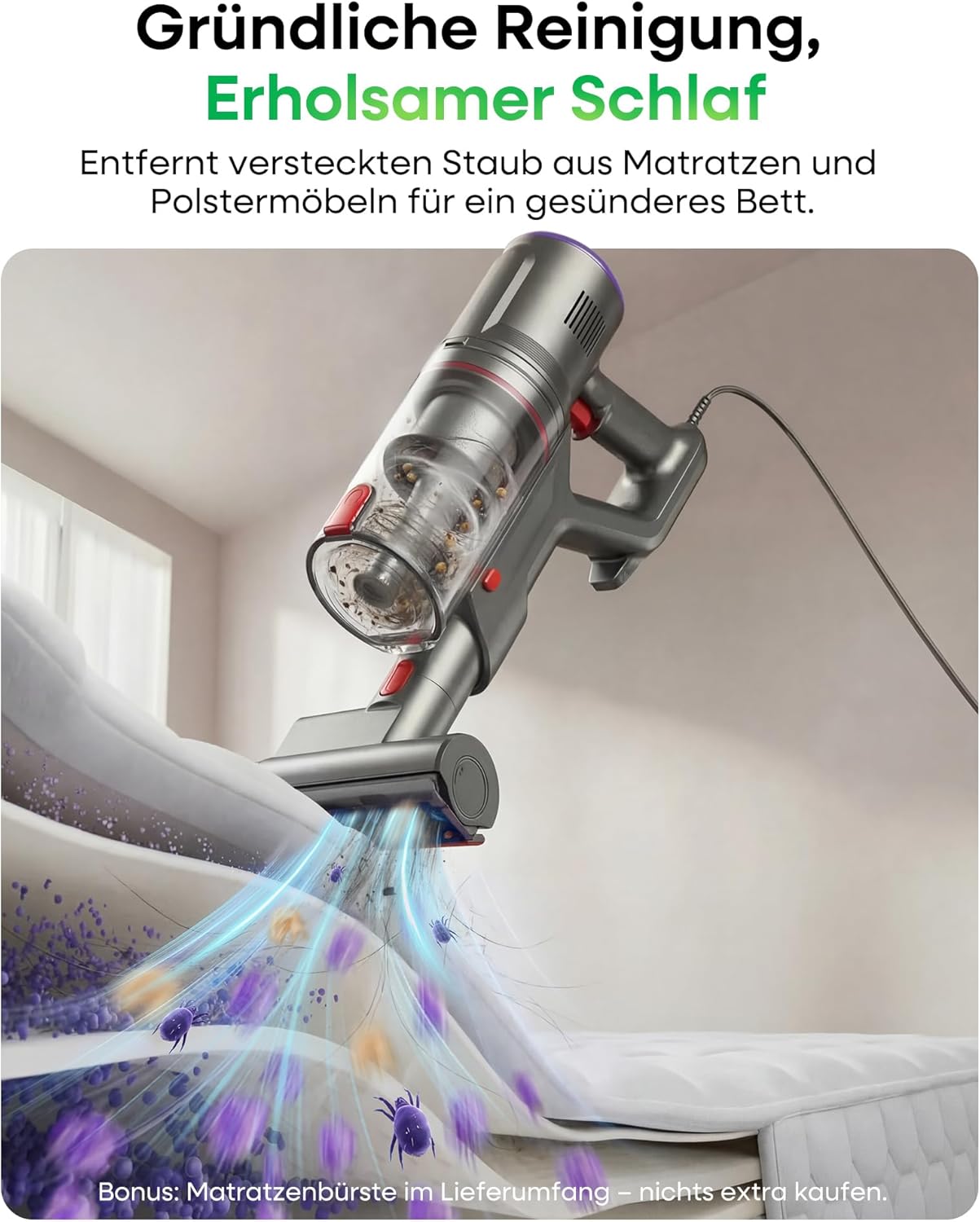 FAMIVAC FV2 Staubsauger mit Kabel, 65Kpa/600W Staubsauger Beutellos mit Matratzenbürste, 1,3KG Leichtgewicht, 7M Kabel, 60dB Leise, 1,5L, Selbststehend, Anti-Tangle-Bürste für Teppich/Boden/Tierhaare – Bild 4