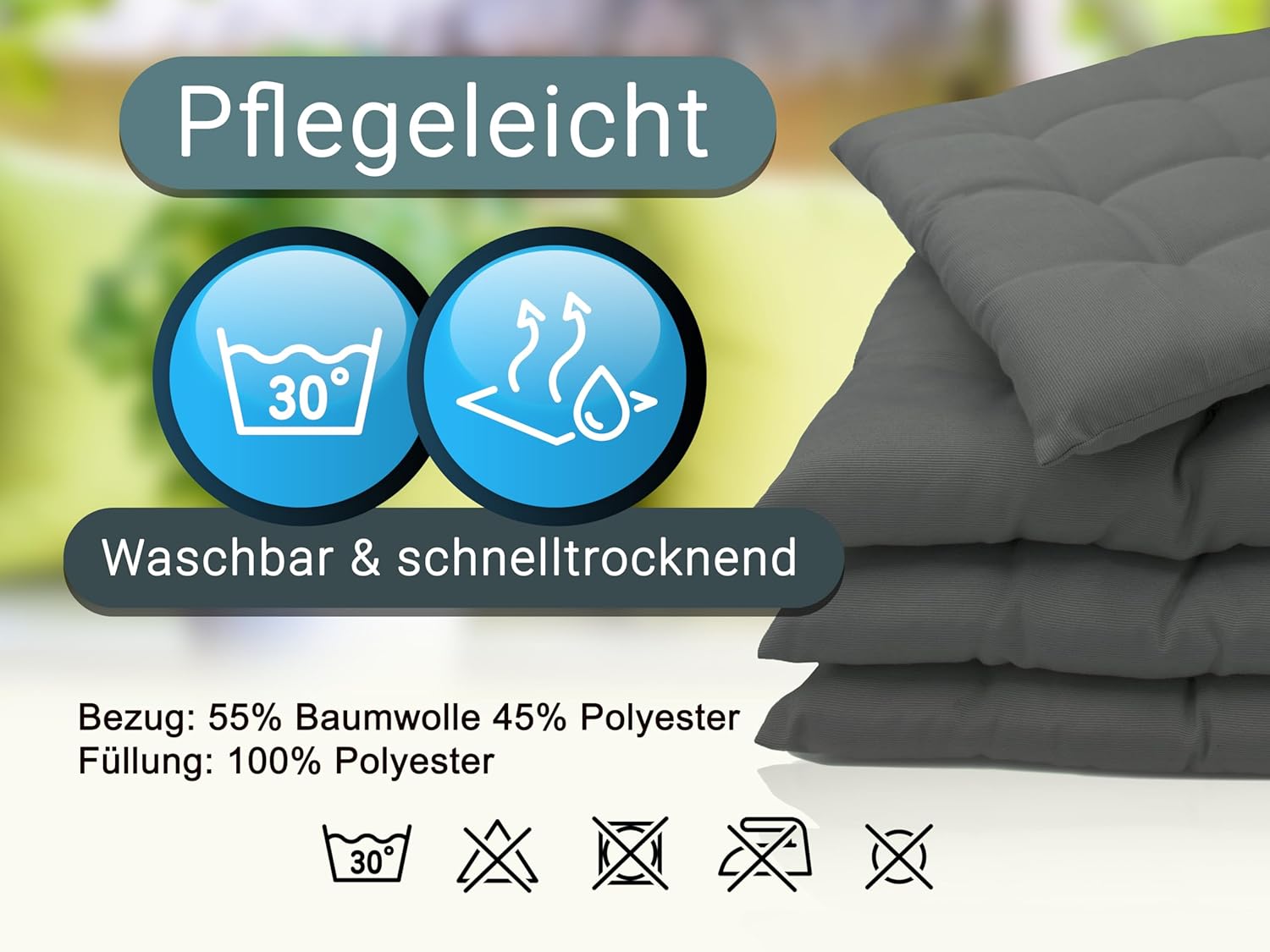 Zollner 4er-Set Stuhlkissen mit Bändern, 40 x 40 cm, Graphit – Bild 6