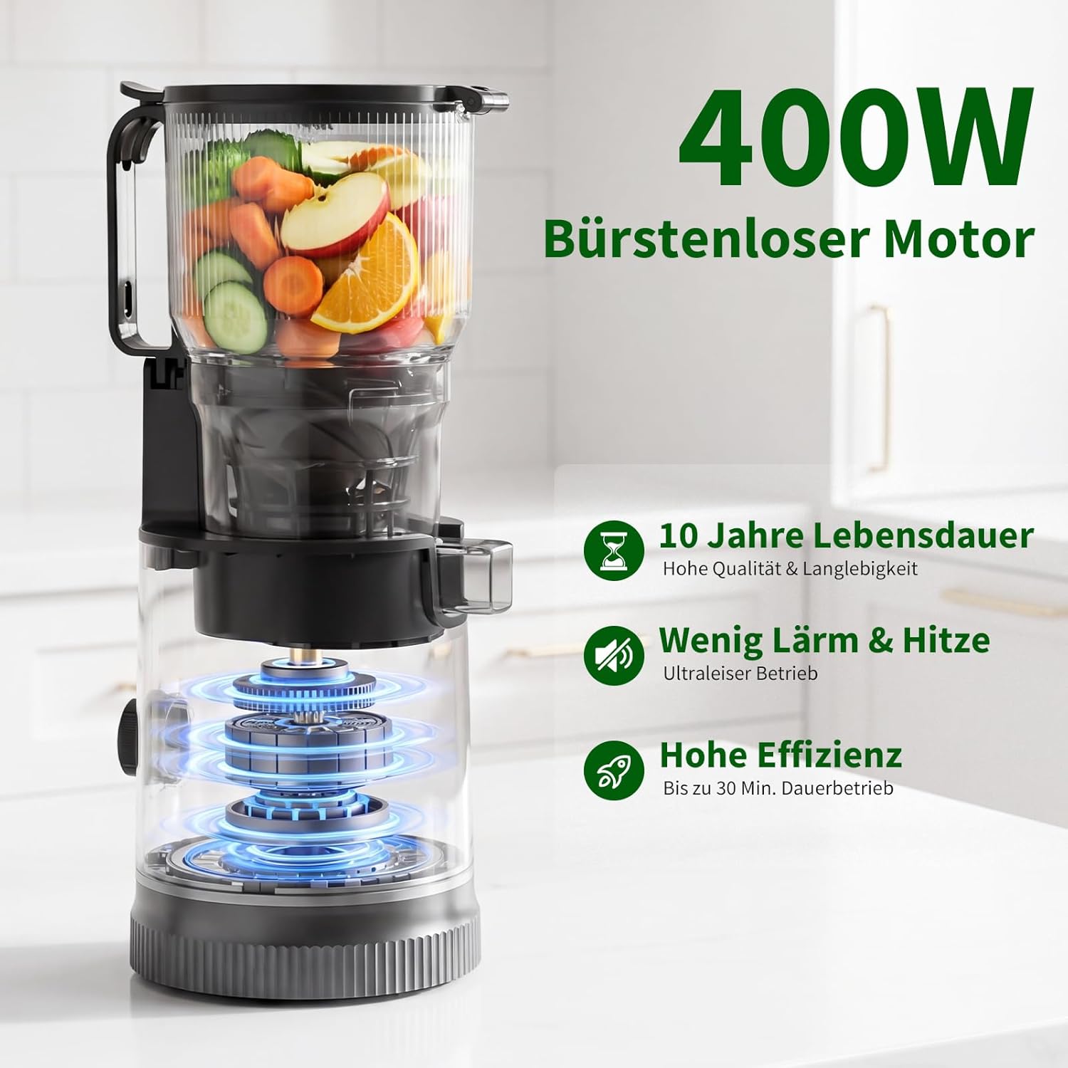 Slow Juicer 400 W, 152 mm extra großer Einfüllschacht für ganze Früchte und Gemüse, hohe Saftausbeute, 3-in-1-Sieb (Saft, Sorbet, Nussmilch), BPA-frei, spülmaschinenfest, 1,8 l – Bild 6