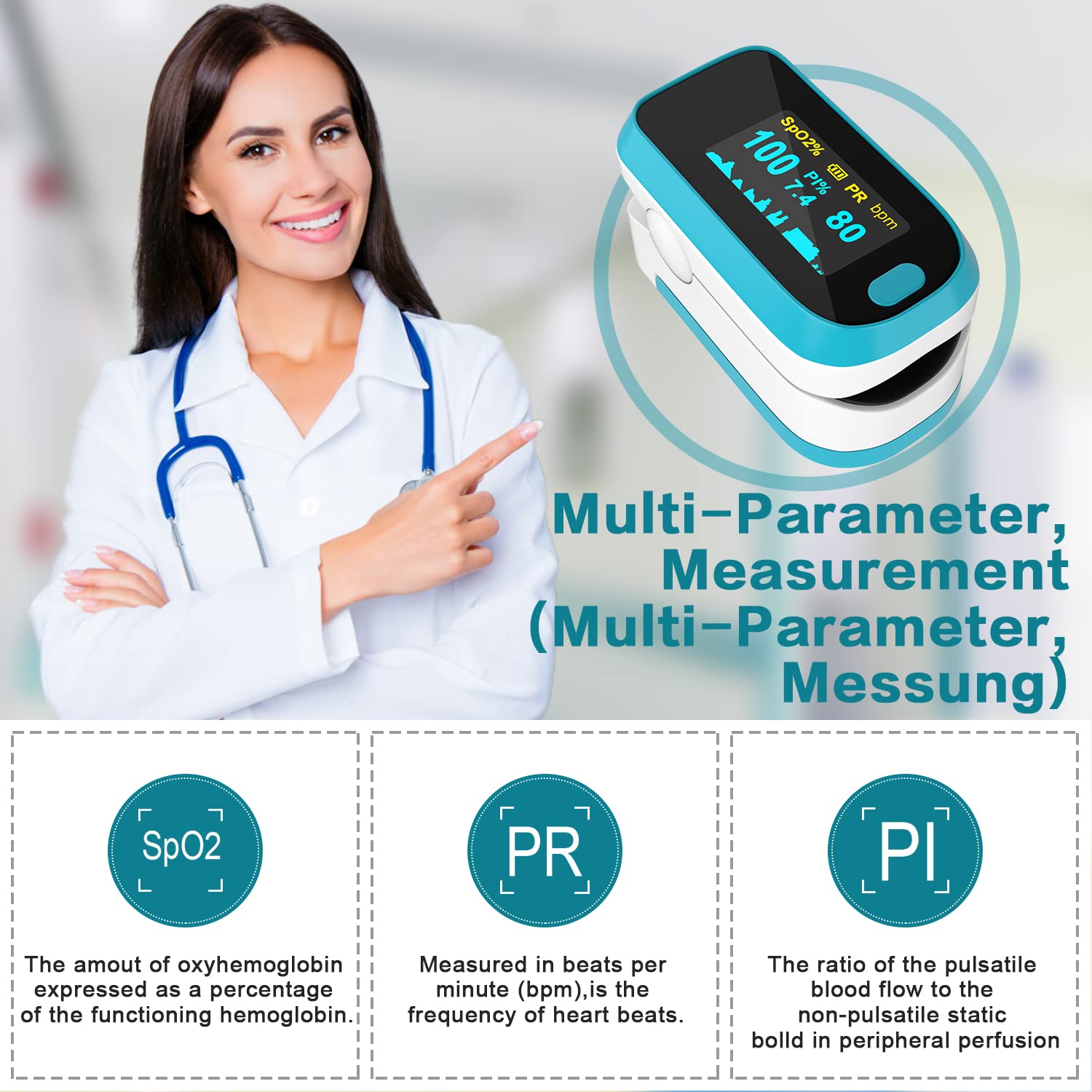 MOMMED Pulsoximeter, Sauerstoffsättigungsmessgerät, Fingerpulsoximeter mit Alarm zur Messung der Sauerstoffsättigung (SpO2), Pulsmesser für Kinder und Erwachsene, OLED-Display, das sich dreht – Bild 3