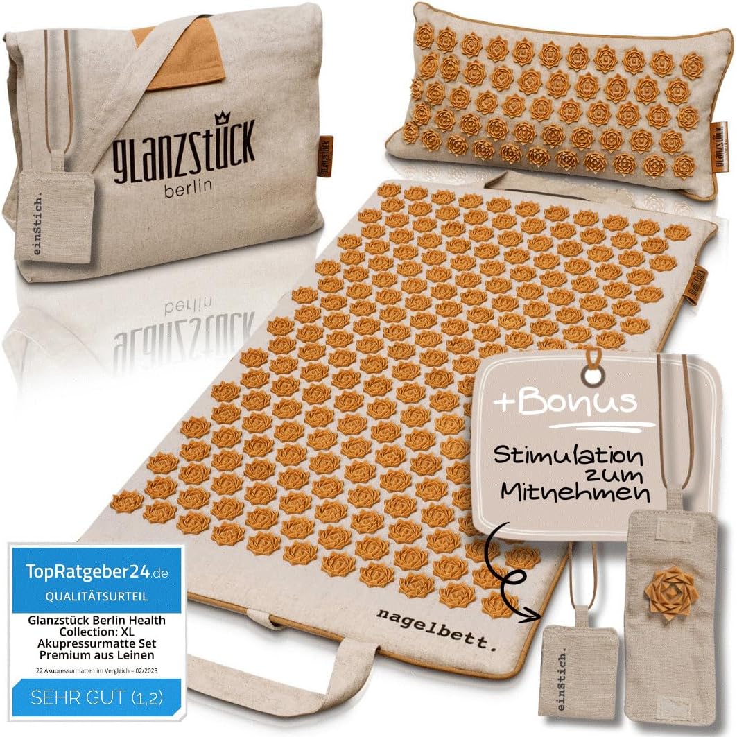 Glanzstück Berlin Health Collection: XL Akupressurmatten-Set Original aus Leinen, hilft bei Verspannungen, Rückenschmerzen, Massagematte mit Kissen (Wärmefunktion) und Tasche, nachhaltig