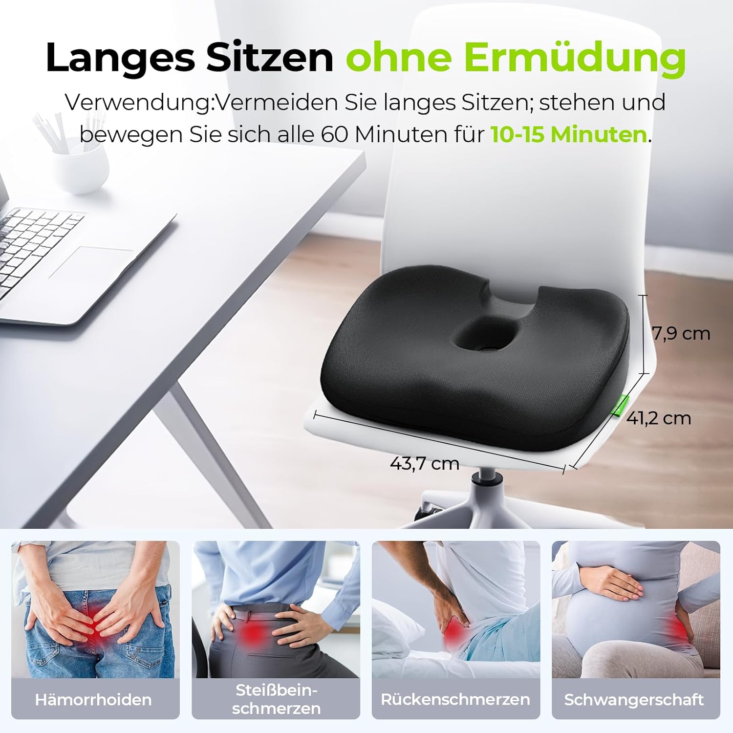 AUVON Sitzkissen, orthopädisches, ergonomisches Hämorrhoiden-Sitzkissen mit Loch und U-förmigem Design, Steißbeinkissen, Sitzring, Steißbein entlastet und erhöht den Sitzkomfort für Bürostuhl, Auto, Ischias, Schwangerschaft – Bild 2