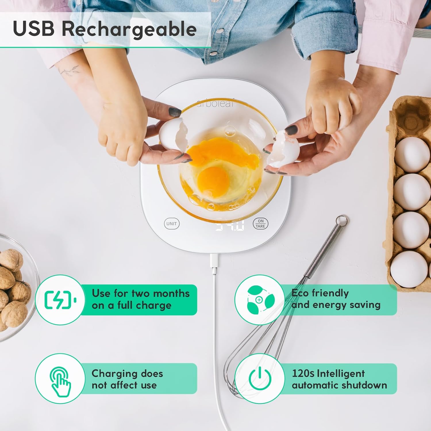 arboleaf Digitale Küchenwaage mit App, 10 kg / 0,5 g Küchenwaage Bluetooth mit Kalorienzähler, Ernährungswaage USB wiederaufladbar, grammgenaue Lebensmittelwaage mit Sicherheitsglas und Tara-Funktion (weiß) – Bild 6