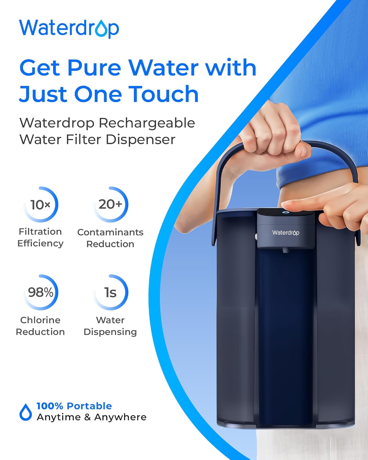 Waterdrop Instant Action elektrischer Wasserfilterkrug und 3-Monats-Filter, 3,5 l Aufsatz-Wasserfiltersystem, reduziert 98 % Chlor und über 20 Verunreinigungen, blau – Bild 2