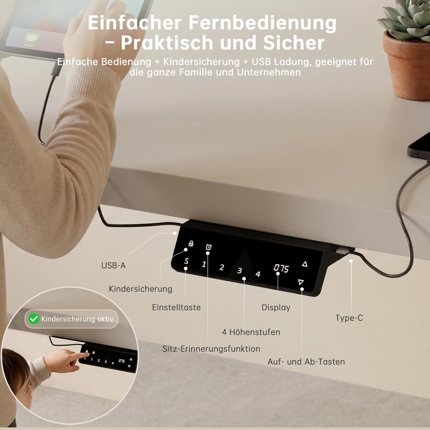Devoko Höhenverstellbarer Schreibtisch mit 2 Motoren, 25 mm einteilige Tischplatte, 160 x 80 cm, elektrischer Computertisch mit Kabelmanagement, weiß – perfekte Ergonomie für Ihr Büro – Bild 6