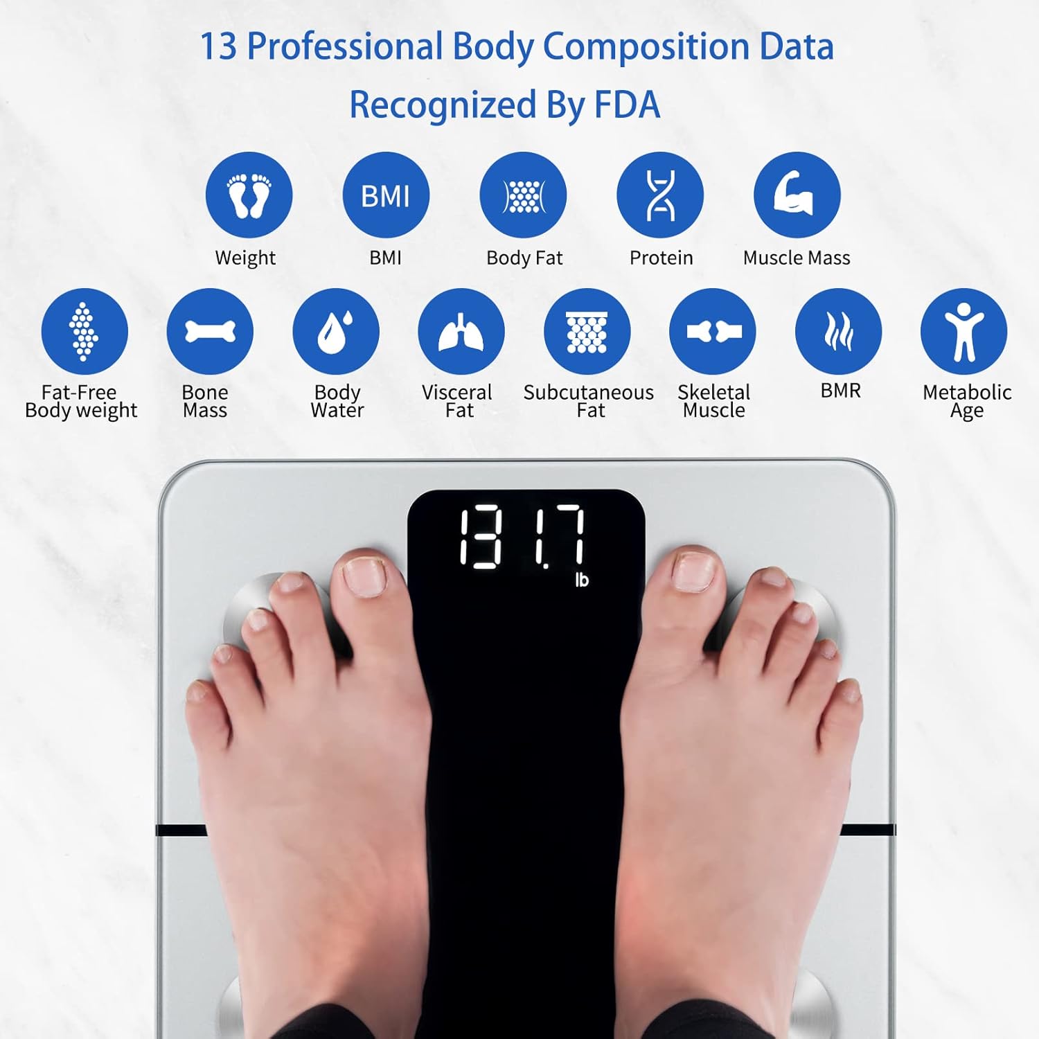 Vitafit Körperfettwaage, Personenwaage mit App, Körperanalysewaage mit Bluetooth, Personenwaage mit Körperfett und Muskelmasse, BMI, Protein, BMR, Silber – Bild 3
