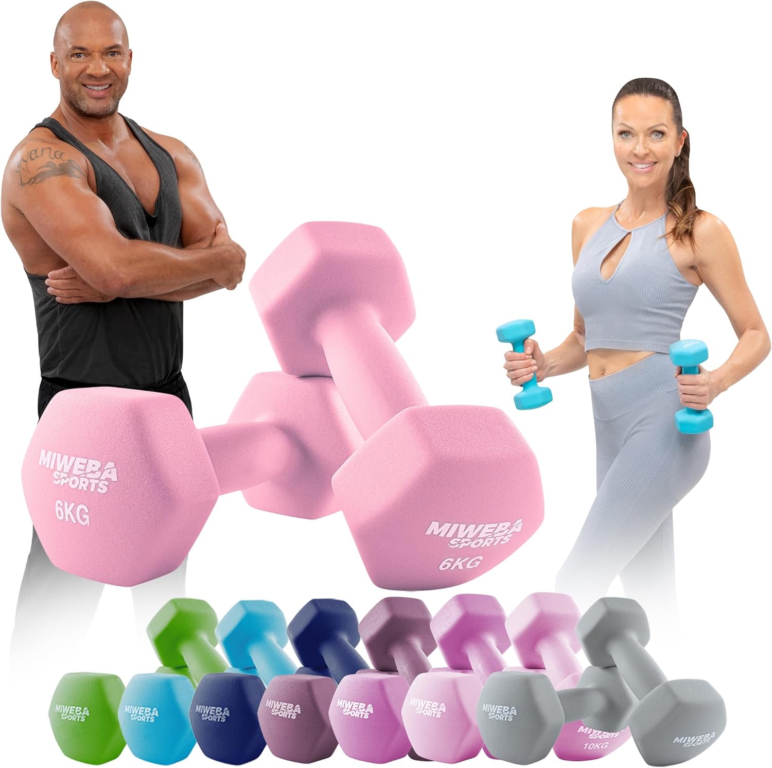 Miweba Sports Neopren-Hantel-Set (NKH100), Profi-Hanteln, 0,5–10,0 kg, Hexagon-Hanteln-Set, Gymnastik-Hanteln