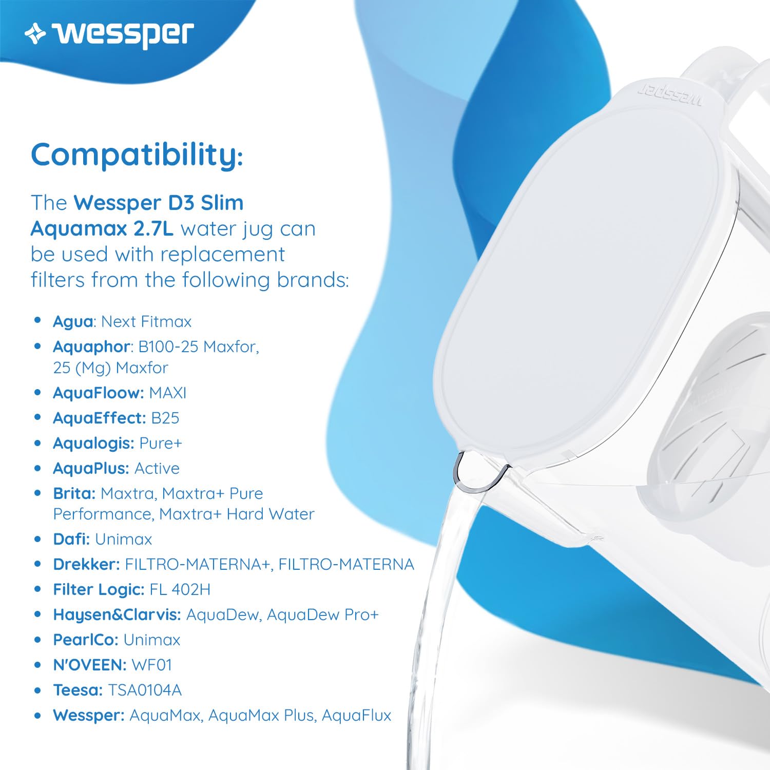 Wessper Wasserfilterkanne 2,7 l – kompatibel mit Brita Maxtra Filterkartusche – inklusive 1 Filterkartusche – reduziert Kalkablagerungen – ideal für Kühlschranktür – weiß – Bild 3