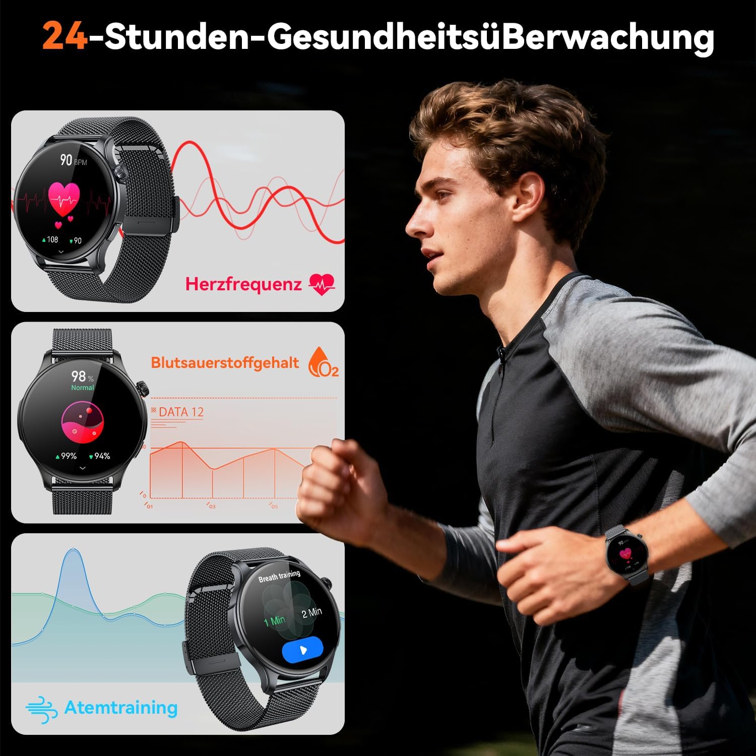 Smartwatch Herren Damen Fitnessuhr mit Telefonfunktion: Bluetooth Anrufuhr Wasserdicht Fitness Tracker Smartwatch mit Herzfrequenz Schlafmonitor Schrittzähler Sportuhr Uhren Android iOS – Bild 3
