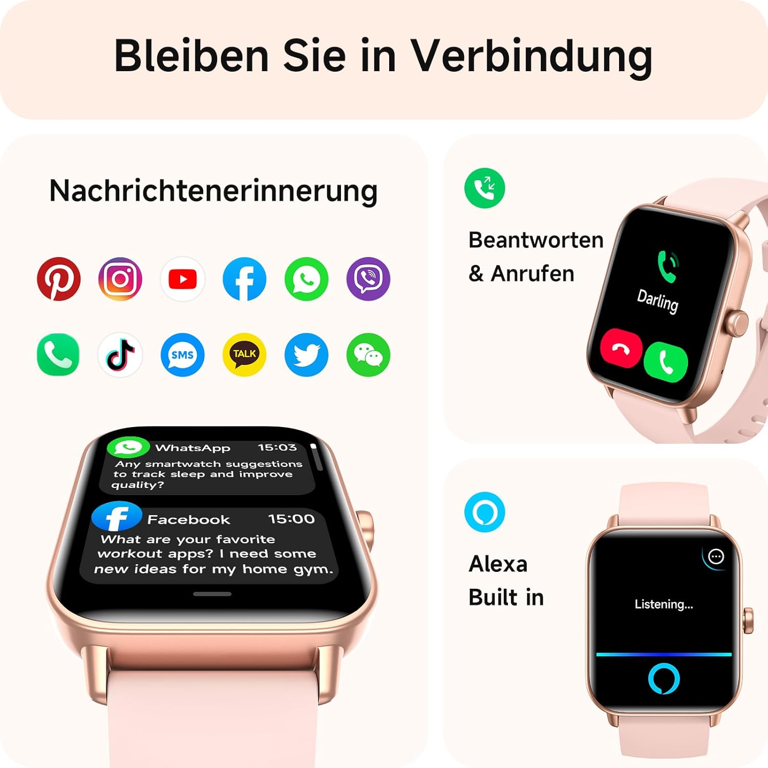 Damen-Smartwatch mit Telefonfunktion, 1,8-Zoll-Smartwatch, Fitnessuhr mit WhatsApp und Alexa, Herzfrequenz-Schlafmonitor, 120+ Sportmodi, Fitness-Tracker, IP68 wasserdichte Uhren Damen für – Bild 2