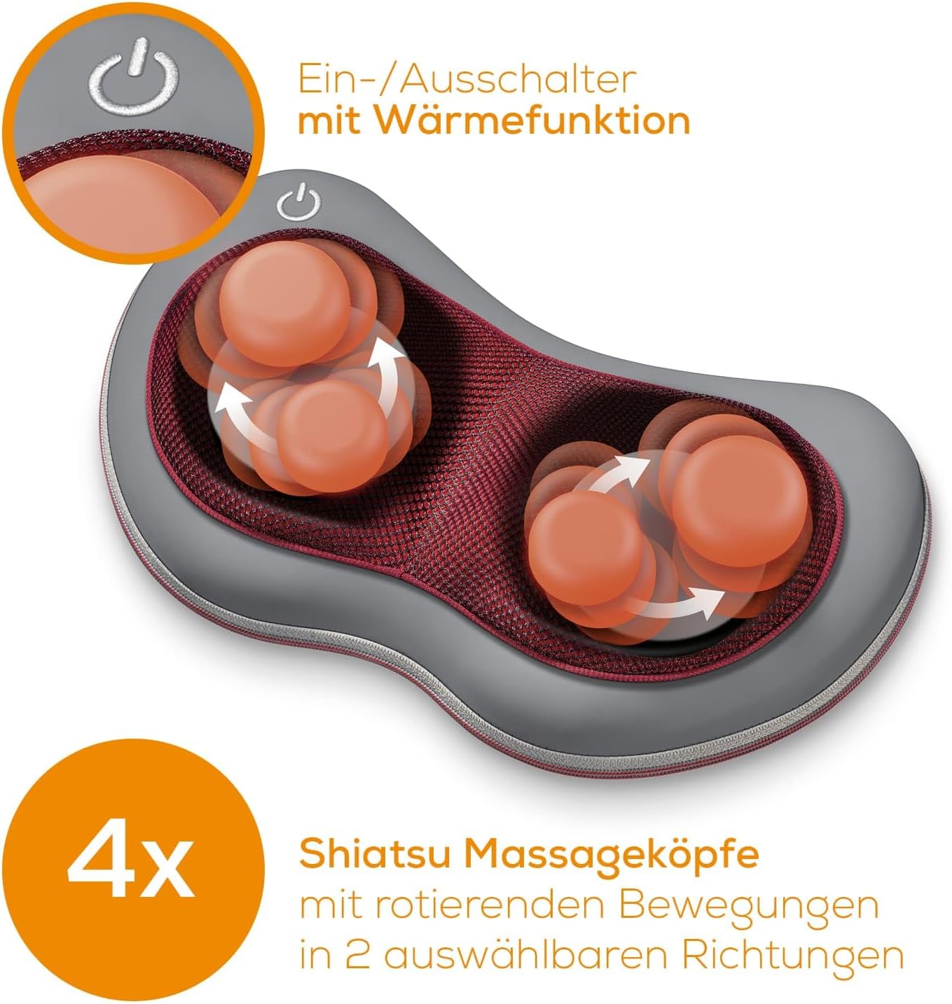 Beurer MG 149 Rücken-Nacken-Massagegerät für entspannende Shiatsu-Massage, zwei Richtungen, Heizfunktion, 4 Massageköpfe, grau/rot – Bild 4