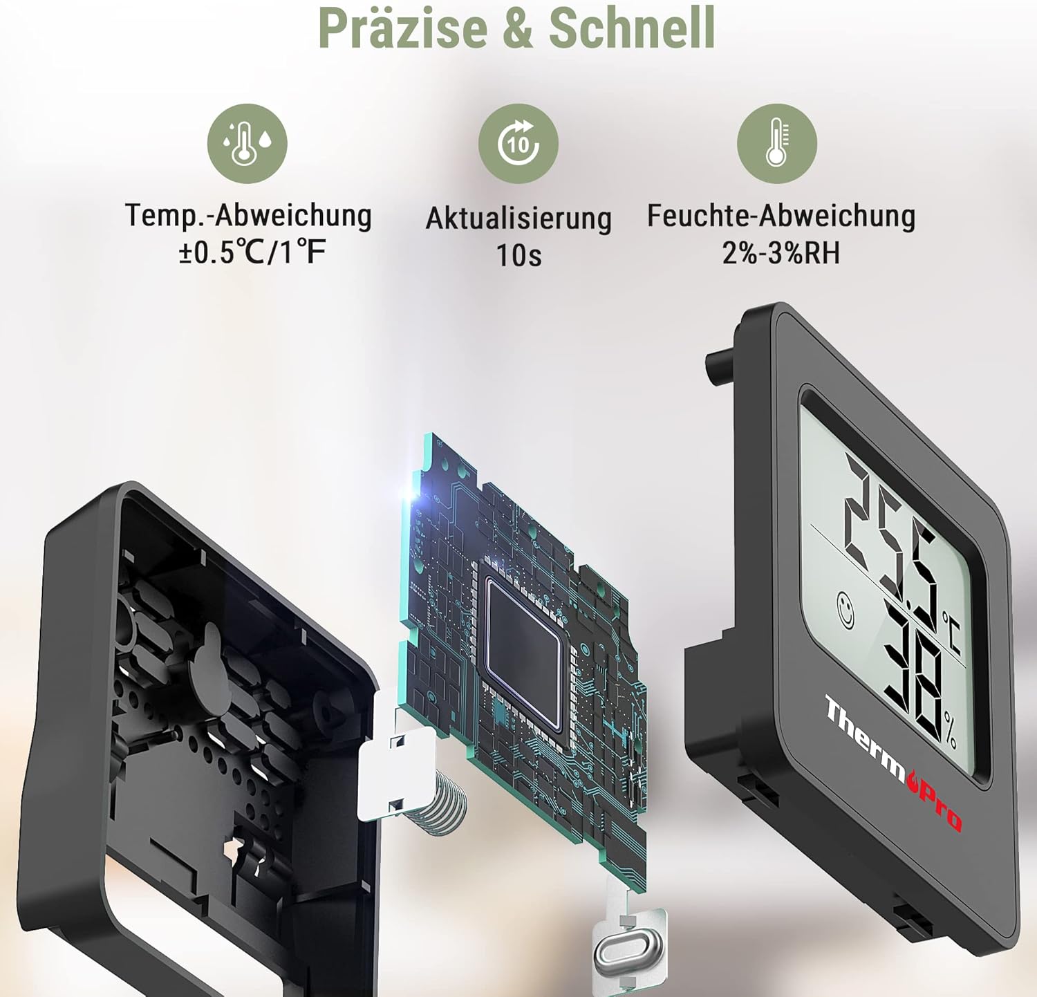 ThermoPro TP157 Mini-Hygrometer-Thermometer für den Innenbereich, 3er-Set, 0,5 °C, präzises Raumthermometer, Luftfeuchtigkeitsmesser mit Smiley-Anzeige, ideal für Wohnzimmer, Büro, Garage oder Gewächshaus, Schwarz – Bild 3
