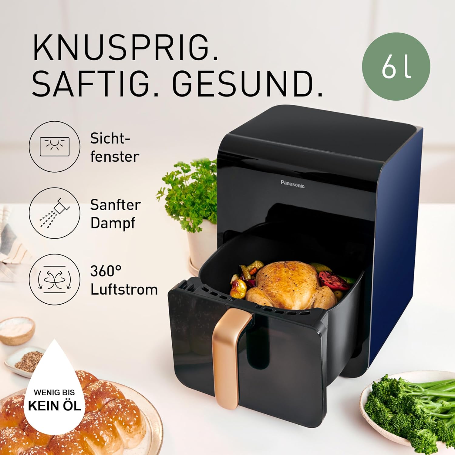 Panasonic NF-CC600AXE Heißluftfritteuse mit Sichtfenster, 6 l, 80–200 °C, digitaler Timer und LCD-Display, sanfte Dampfzugabe, 11 Voreinstellungen, einfache Reinigung, schwarz mit roségoldenem Griff – Bild 2