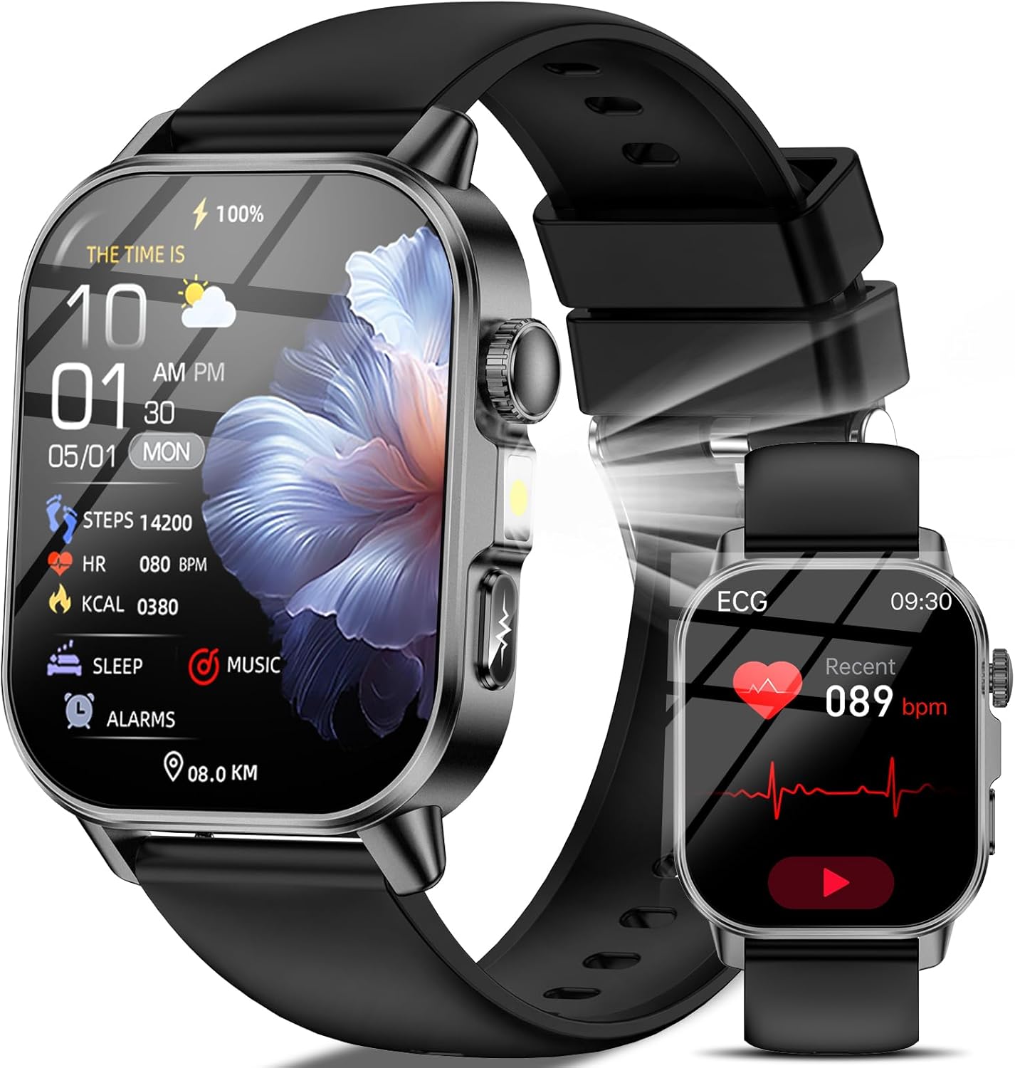 Smartwatch Herren Damen EKG/BI Harnsäure/BMI/HRV/LED-Licht, 2,0 Zoll Gesundheitsuhr mit 24H Druckmessung SpO2 Herzfrequenzmonitor Körpertemperatur Schlafmonitor SOS Notruf Fitnessuhr für