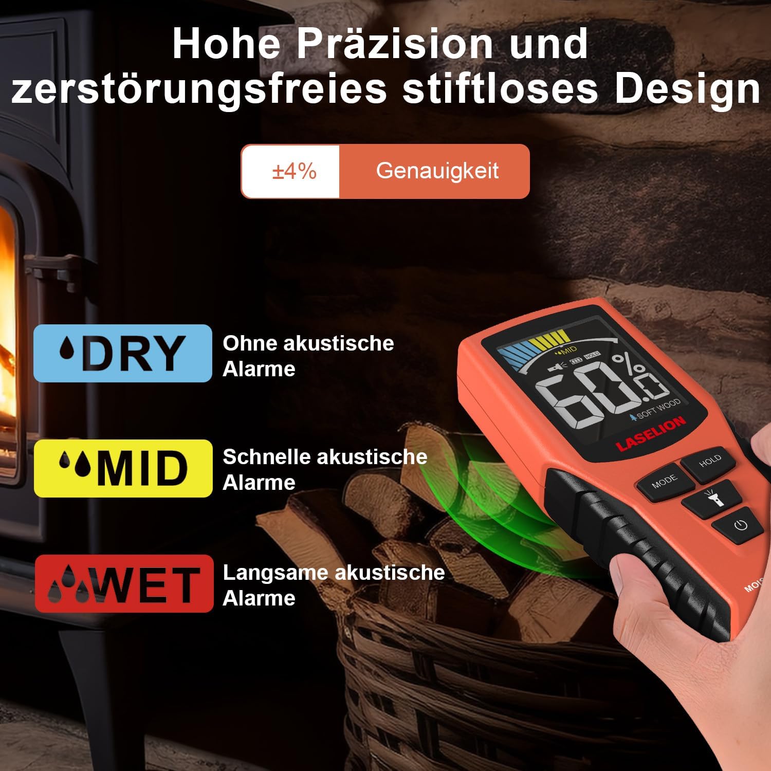 LASELION MS02 Pinless Wand-Feuchtigkeitsmesser, nicht-invasiver Feuchtigkeitsmesser, Detektor, Holzfeuchtemesser mit großem Farbdisplay, Batterien, 4 Modi für Holz, Brennholz, Wände, Baumaterialien – Bild 2