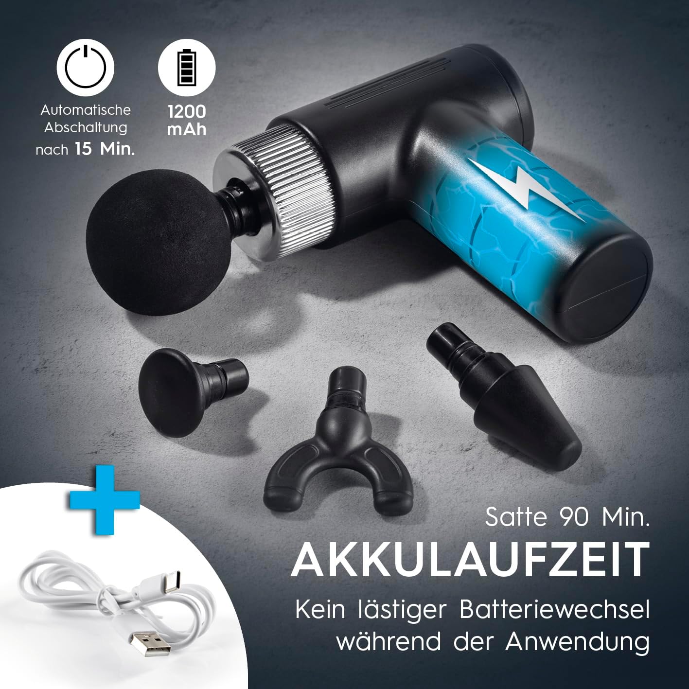 VITALmaxx Massagepistole mit 6 Stufen | Massagegerät mit 4 Aufsätzen | Batteriebetrieben bis zu 90 Minuten Laufzeit und wiederaufladbar über USB-C | Besonders leicht und handlich für Reisen und Sport (Schwarz/Silber) – Bild 4