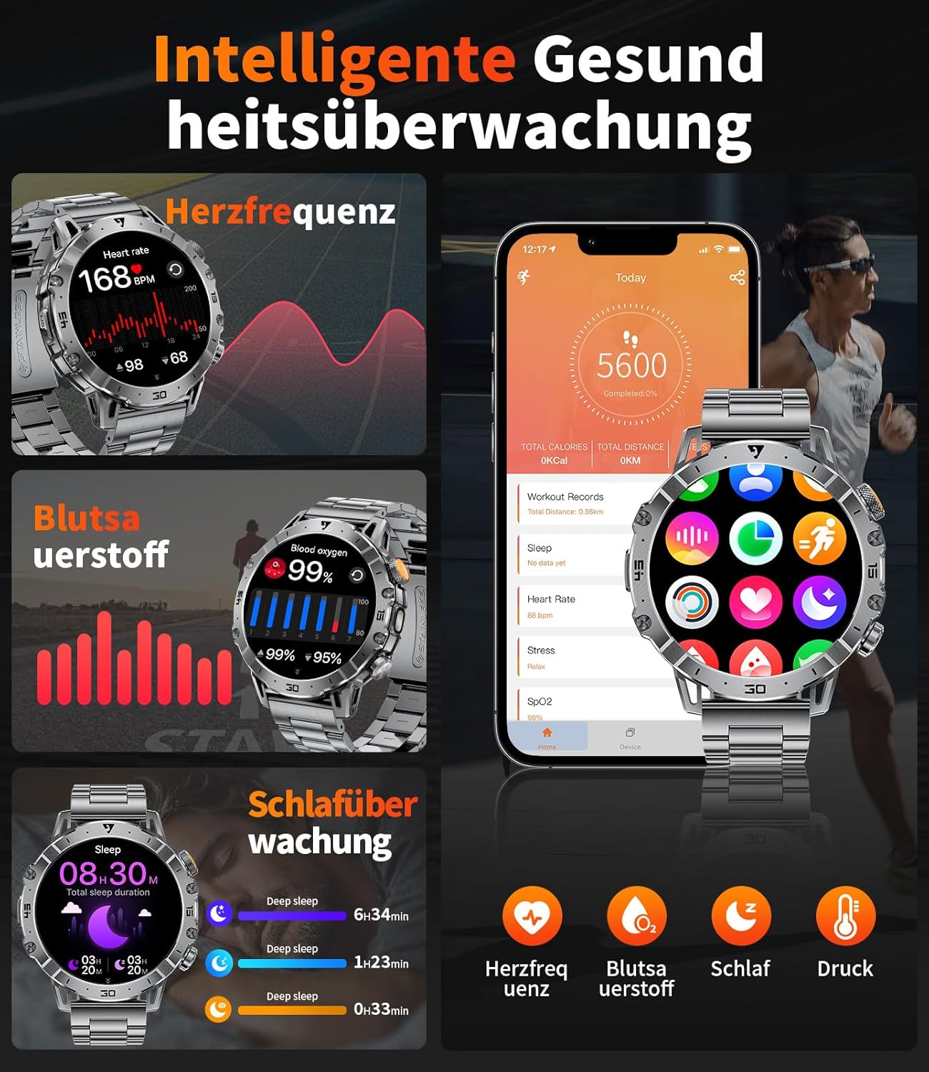 EF18-A Herren-Smartwatch mit 1000 mAh großem Akku, Taschenlampe, Bluetooth-Anruf, 1,7 Zoll Fitnessuhr mit 110+ Sportmodi, Herz- & Schlaf-Tracking, wasserdicht für iOS/Android, 3 Armbänder + 2 Ladegeräte – Bild 4