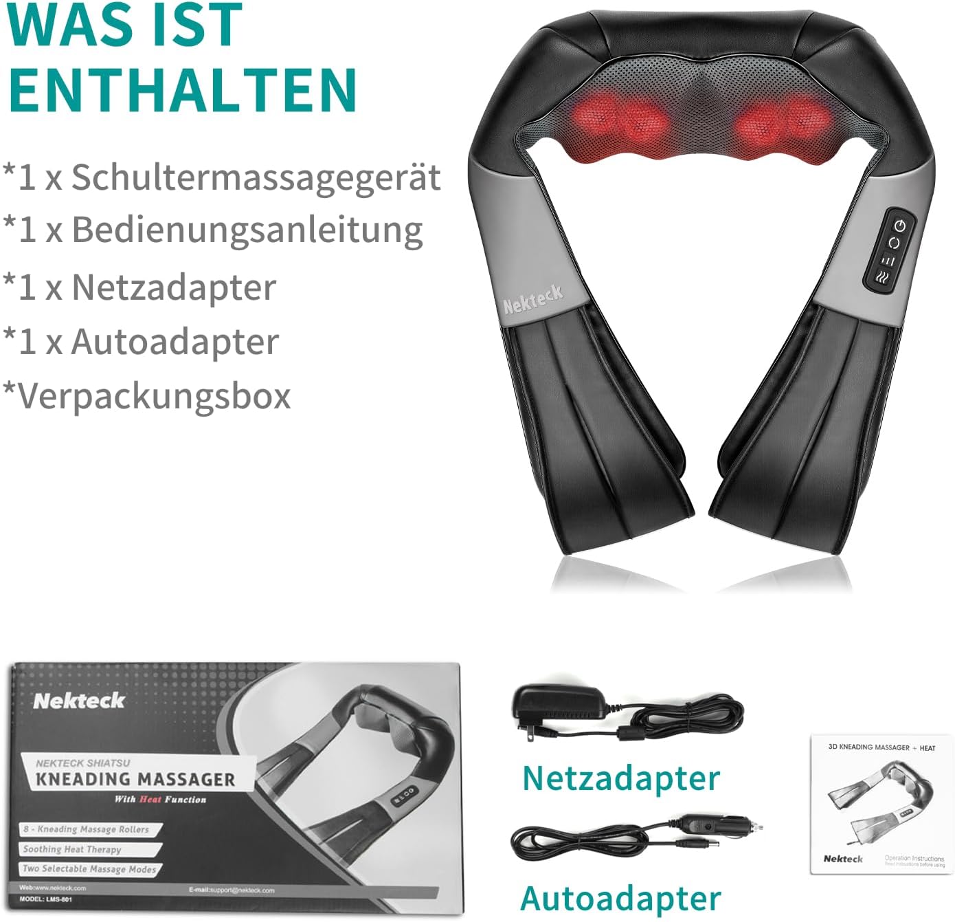 Nekt Eck-Shiatsu-Tiefknet-Massagekissen mit Wärme, Auto-Bürostuhl, Nacken-, Schulter-, Rücken-, Taillenmassagekissen (Geschwindigkeitskontrolle, bidirektionale Steuerung) – Schwarz – Bild 9