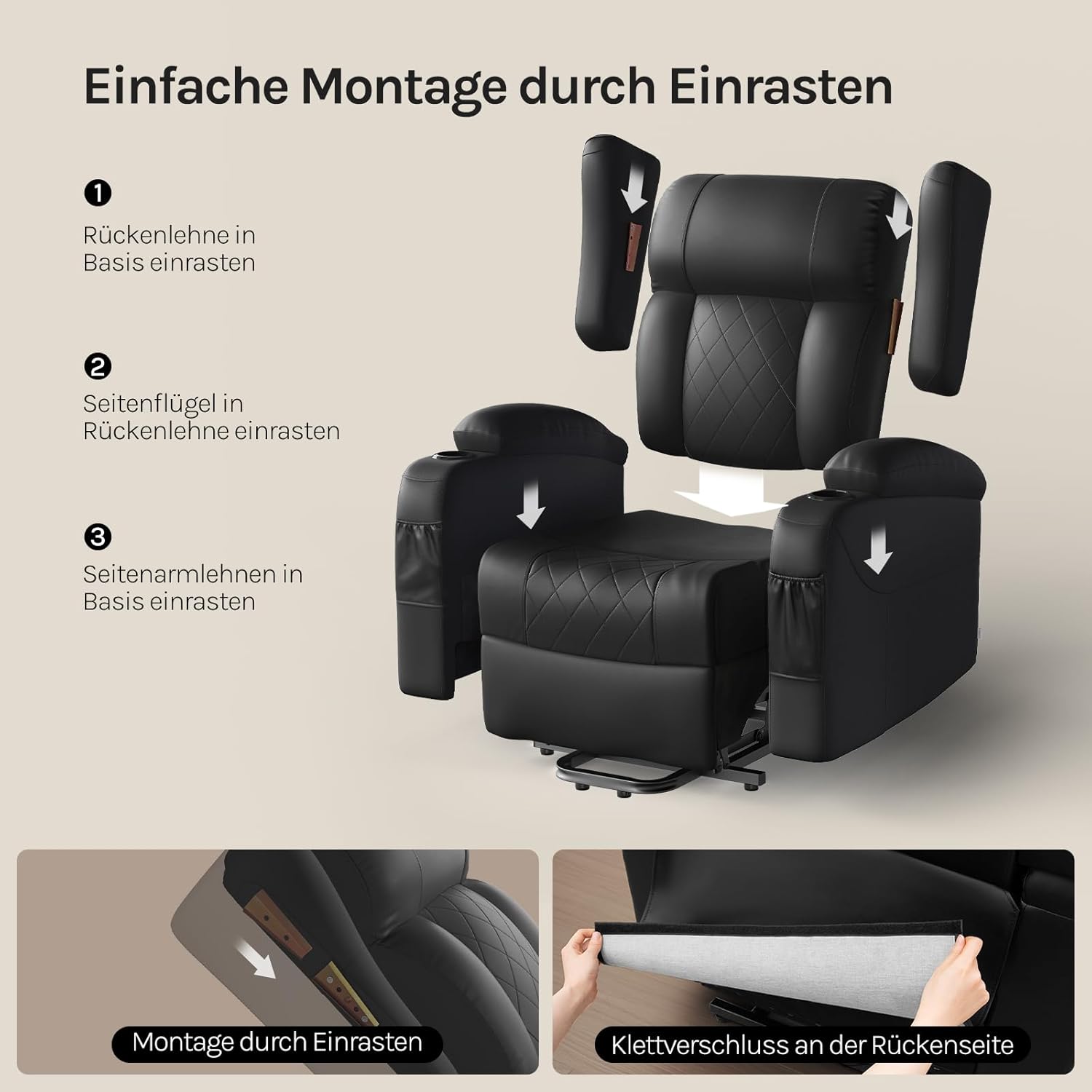 WOLTU Elektrisch verstellbarer Massagesessel mit Liegefunktion, Aufstehhilfe, Massage, Heizung, Fußstütze, Seitentaschen, Getränkehalter, USB-Anschluss, Kunstleder, Schwarz – Bild 8