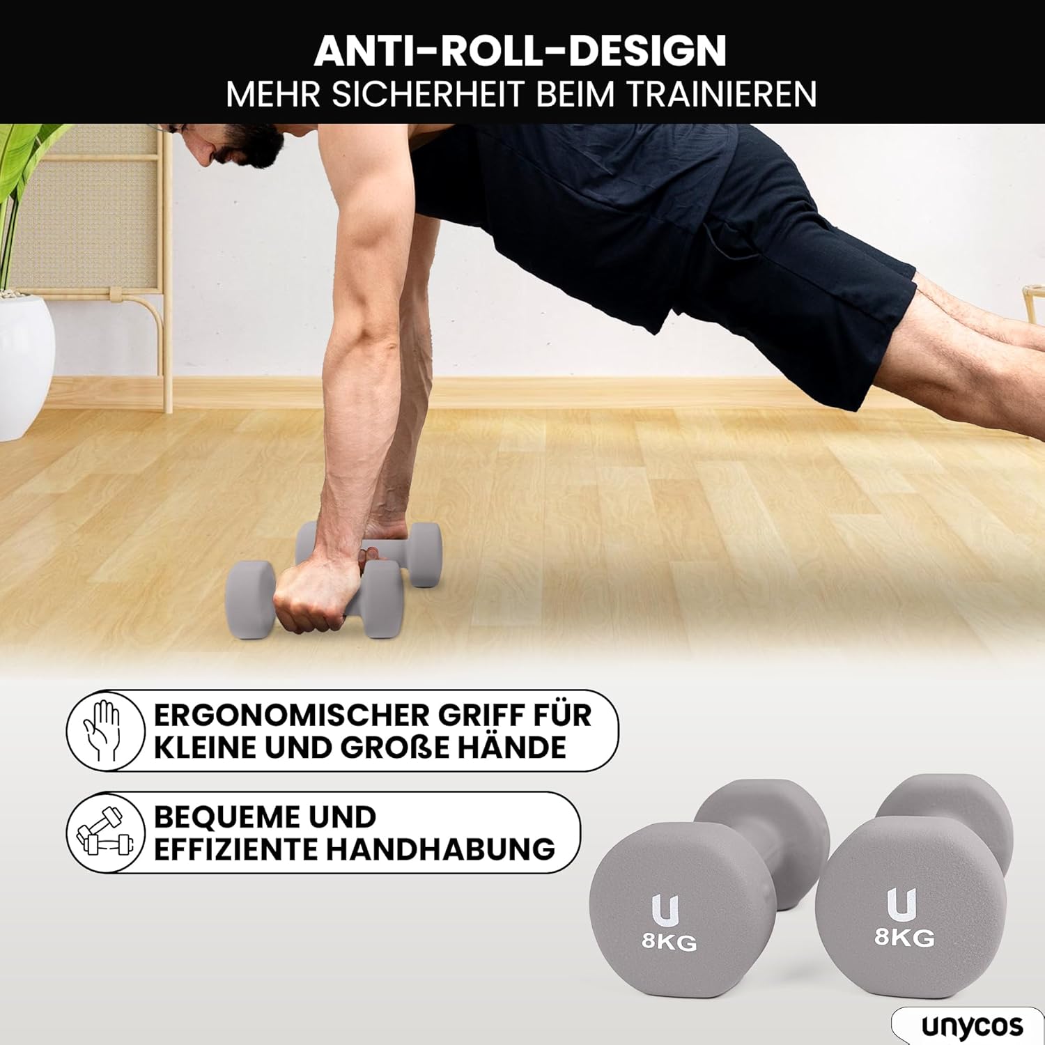 unycos - Neopren-Hanteln 【2er-Set, 1-10 kg】Hanteln, rutschfest für Damen und Herren, Anti-Roll-Design, Fitnessstudio, Krafttraining, Pilates, Gymnastik, Fitnessgeräte für Zuhause – Bild 4