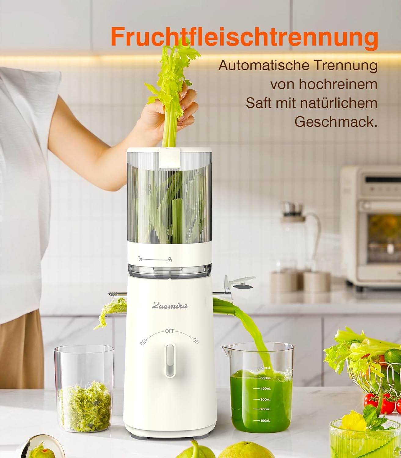 Zasmira Slow Juicer mit hohem Drehmoment und 120 mm Einfüllkanal, kein Vorschneiden, Entsafter für Gemüse und Obst, 99,6 % Saftreinheit, 1,5 l, REV-Modus, einfacher zu reinigen – Bild 5