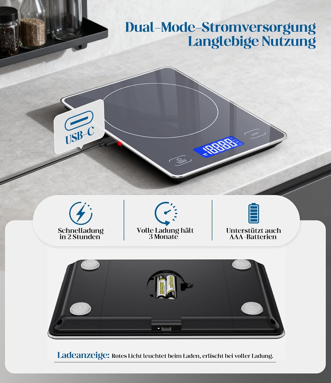 Digitale Küchenwaage mit 15 kg Tragkraft, 5 Einheiten in g/ml/fl'oz, Präzise Küchenwaage mit großem Display, Dual Power (USB-C/Batterie), 1 g hohe Präzision, Tara-Sicherheitsglas zum Backen, Kochen – Bild 3