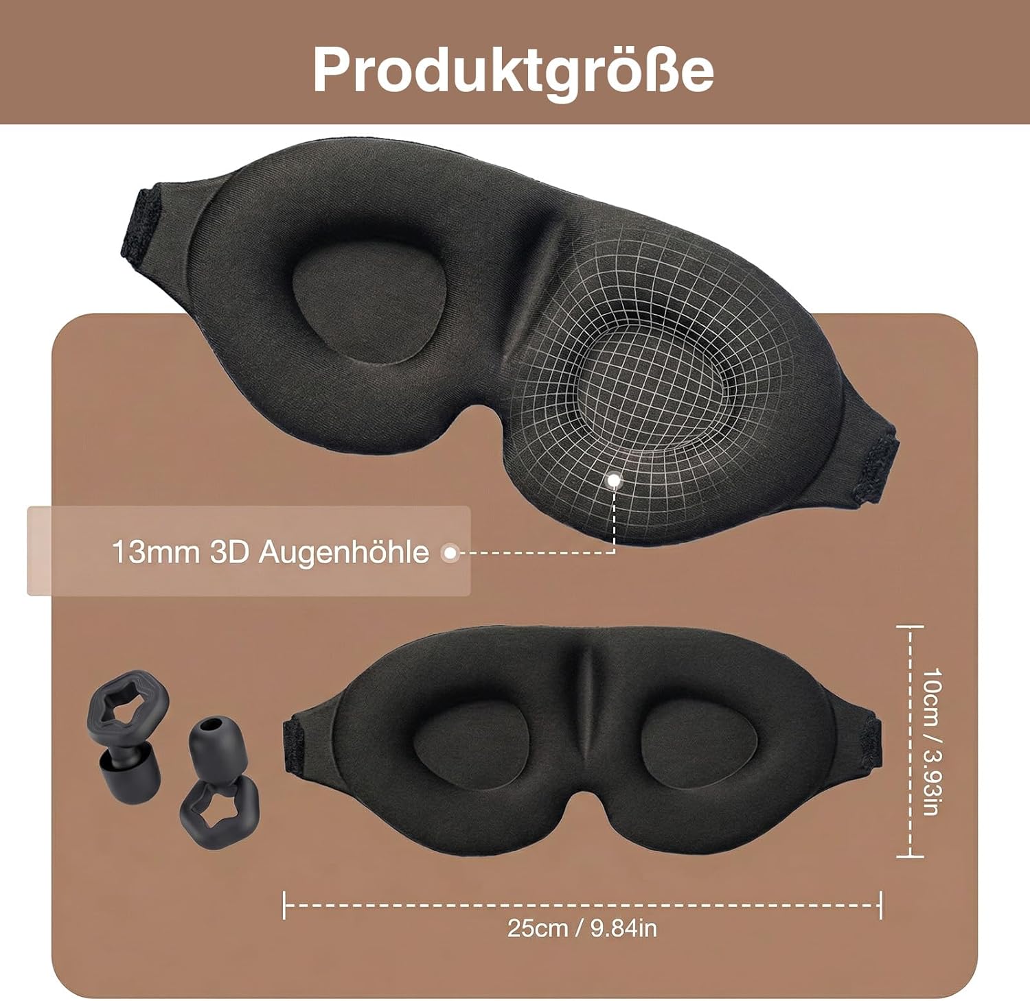 2 Stück Augenmaske Schlafmaske für Herren und Frauen, 3D Lichtblockierende Schlafmaske Bequem Atmungsaktiv Druckfrei mit Verstellbar Gummiband für Reisen, 3 Paar Ohrstöpseln (Schwarz) – Bild 2