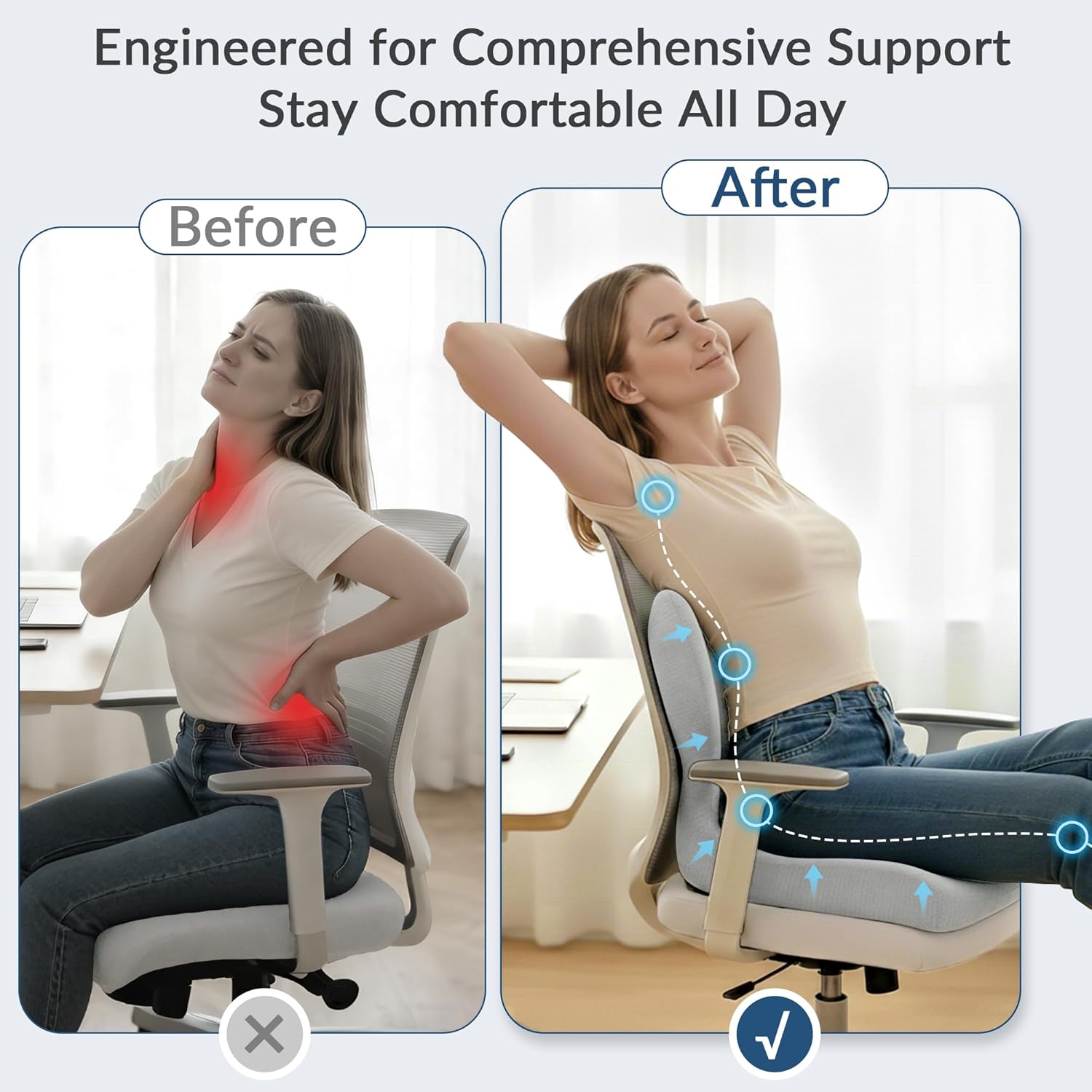 Exclusivo Mezcla Memory-Schaum-Rücken- und Sitzkissen, ergonomisches Lendenkissen für Bürostuhl und Autositz, rutschfester Sitzbezug zur Linderung von Steißbeinschmerzen und Rückenunterstützung, hellgrau – Bild 3