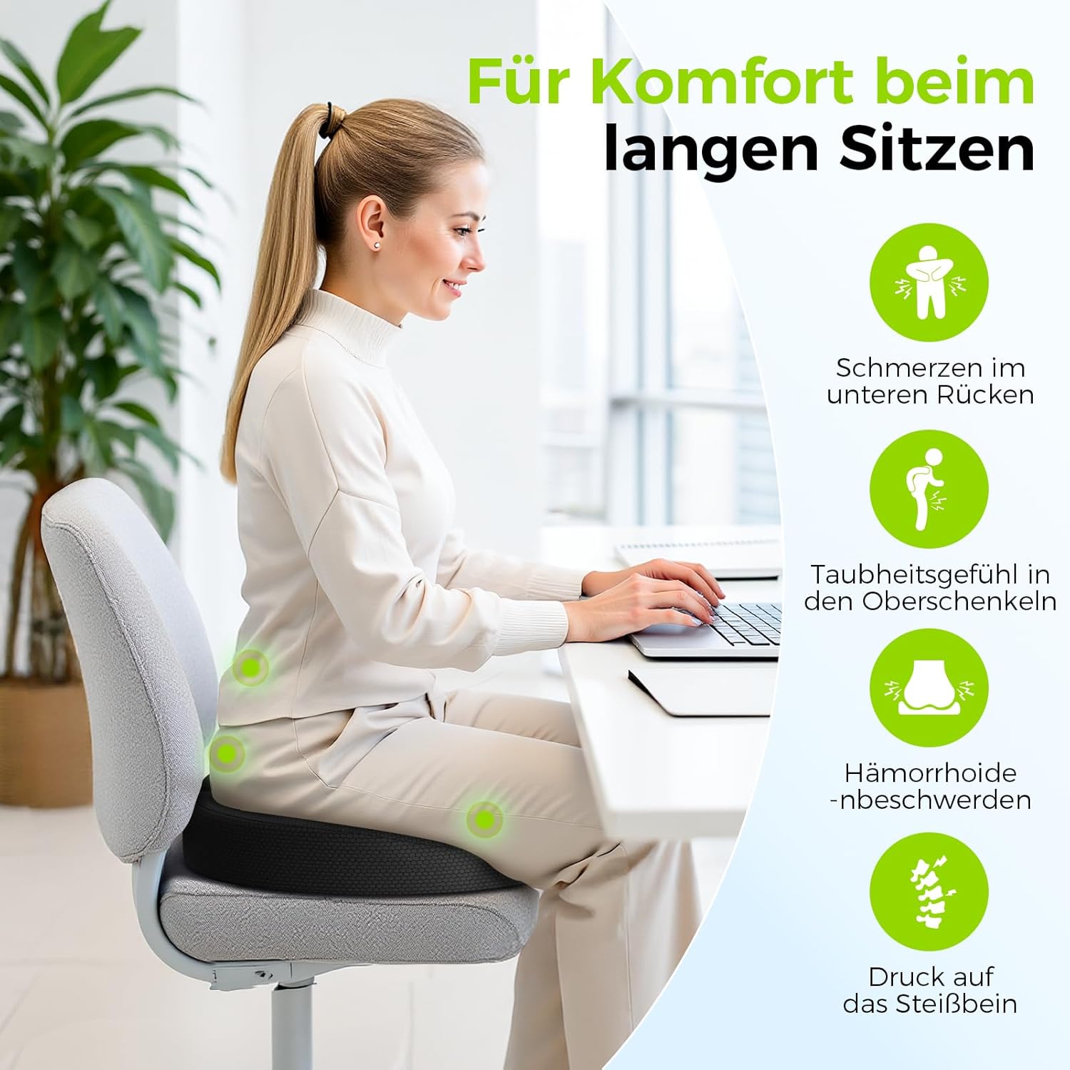 AUVON Orthopädisches rundes Sitzkissen mit doppelter U-Form und Oberschenkel-Entlastungsschräge, Hämorrhoiden-Sitzkissen, Bürostuhl, Auto, Sitzring erhöht den Sitzkomfort, fördert die Durchblutung, entlastet das Steißbein – Bild 5