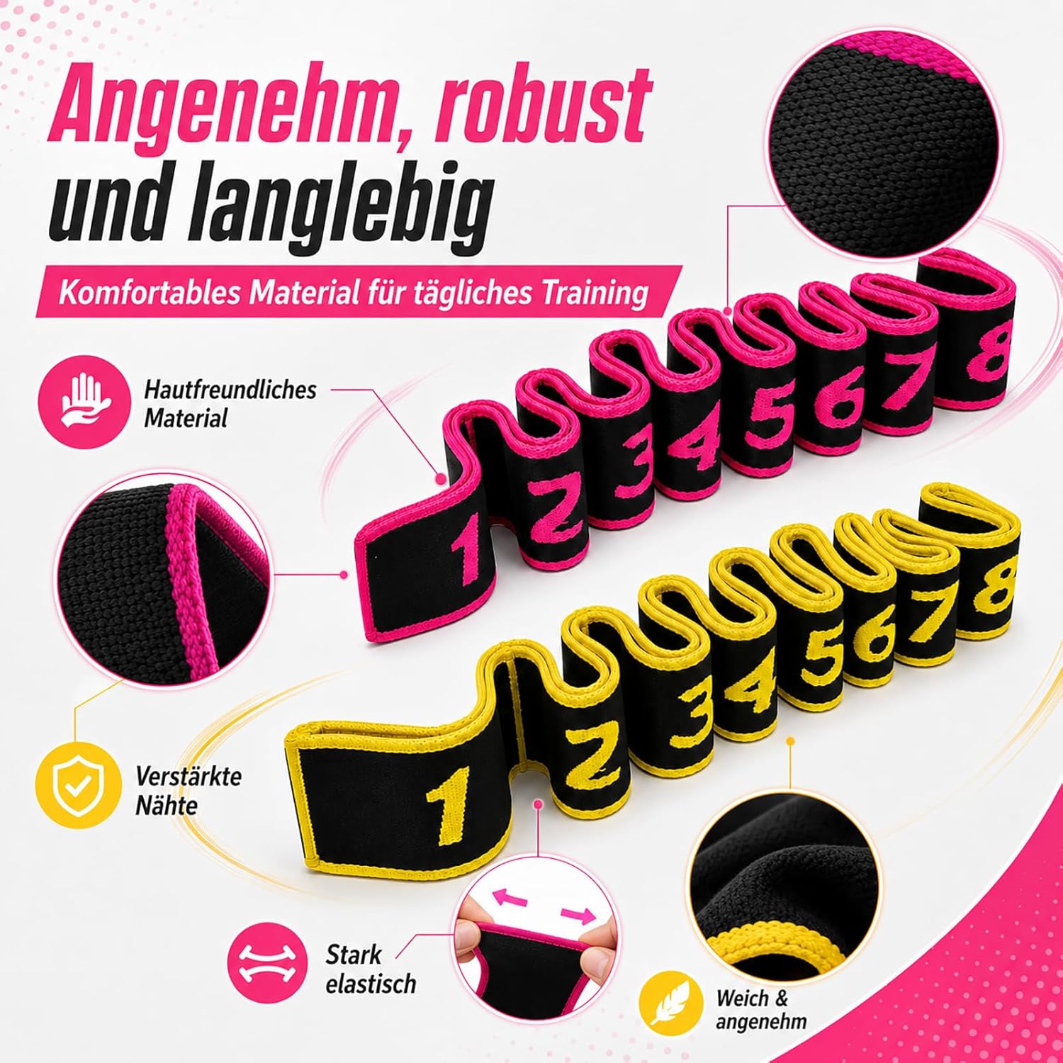 2er-Pack Gymnastikbänder mit Schlaufen, Fitnessbänder, Widerstandsbänder, 8 Schlaufen, verstellbares Theraband, Terraband-Bänder-Set für Yoga, Pilates, Physiotherapie, Krafttraining, Stoff-Stretchband (Rosa+Gelb) – Bild 2